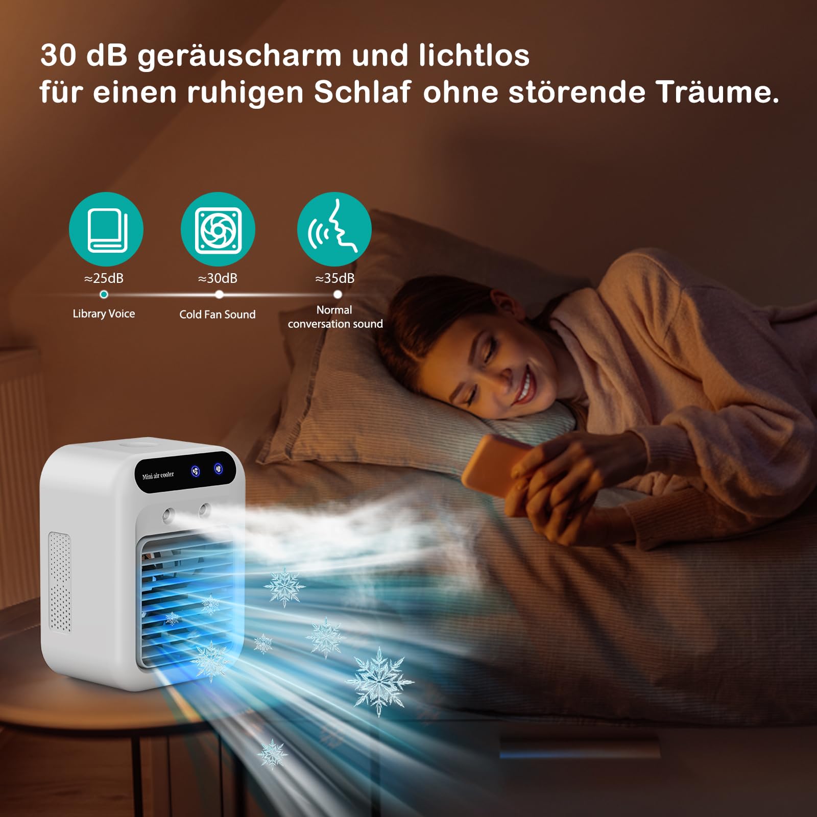Mobile Klimaanlage, Tragbare Luftkühlgerät, 500ml Wasserbehälter, 2 Lüftungsstufen, 2 Sprühmodi, Mini Klimatisierung für Schlafzimmer Camping Weiß