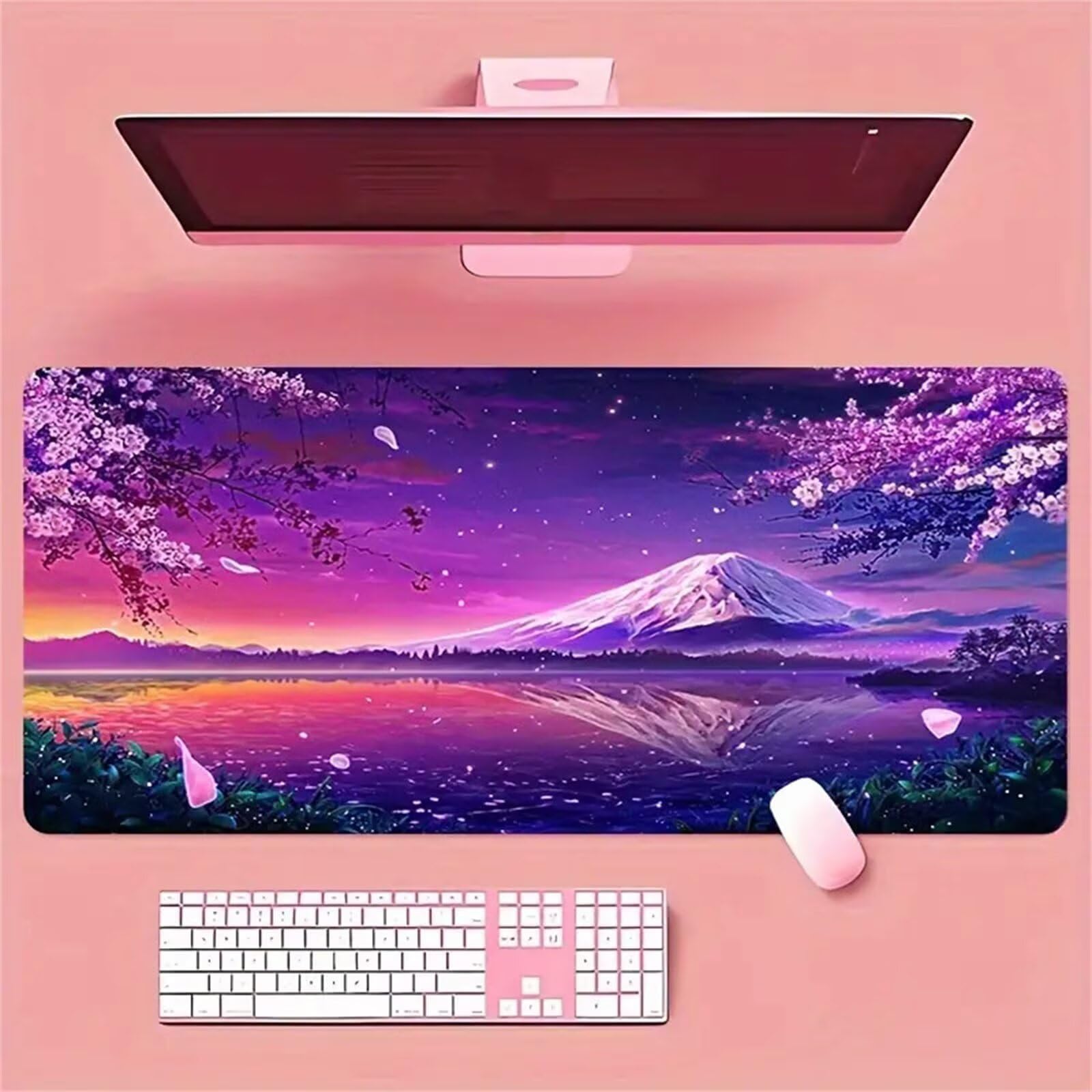 Tappetino Mouse Gaming XXL 1200x600x3 mm, Tappetino da Scrivania Grande, con Bordi Cuciti Rinforzati, Base in Gomma Antiscivolo, Tappetino per Tastiera Lavabile per PC e Laptop, Paesaggio Fiori Viola