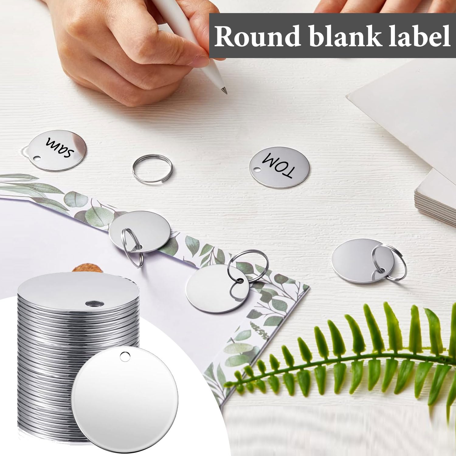 Dtoterul Stainless Steel Pendant Blank Pack of 20 Dog Tag Blank Round Engraving Blanks Stainless Steel Blanks Dog Tags Key Ring Stainless Steel Blank Writeable Blank Pendant Tags DIY Making Kit - Image 3