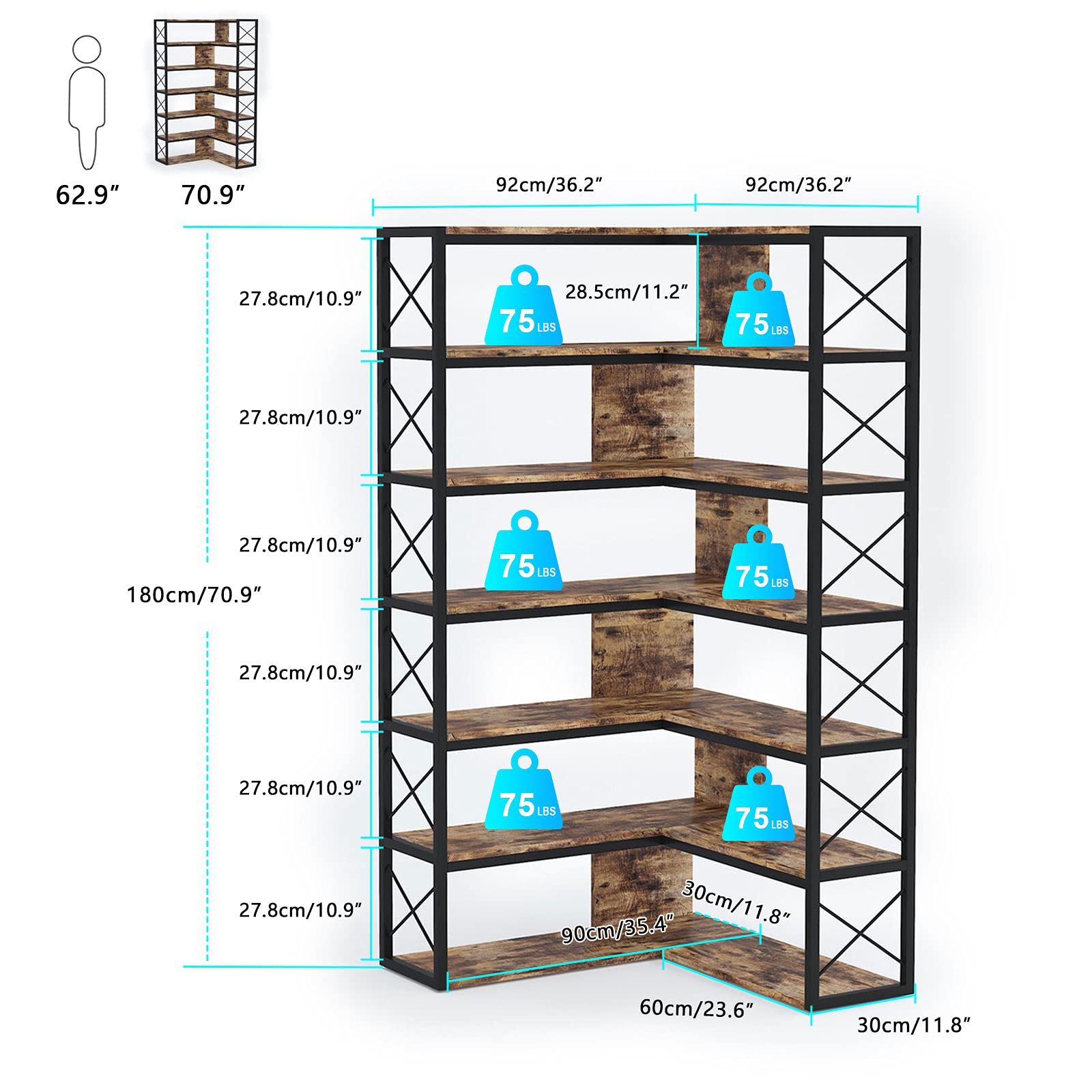 PAKASEPT 6Shelf Corner Bookshelf, Vintage Industrial Corner Shelf