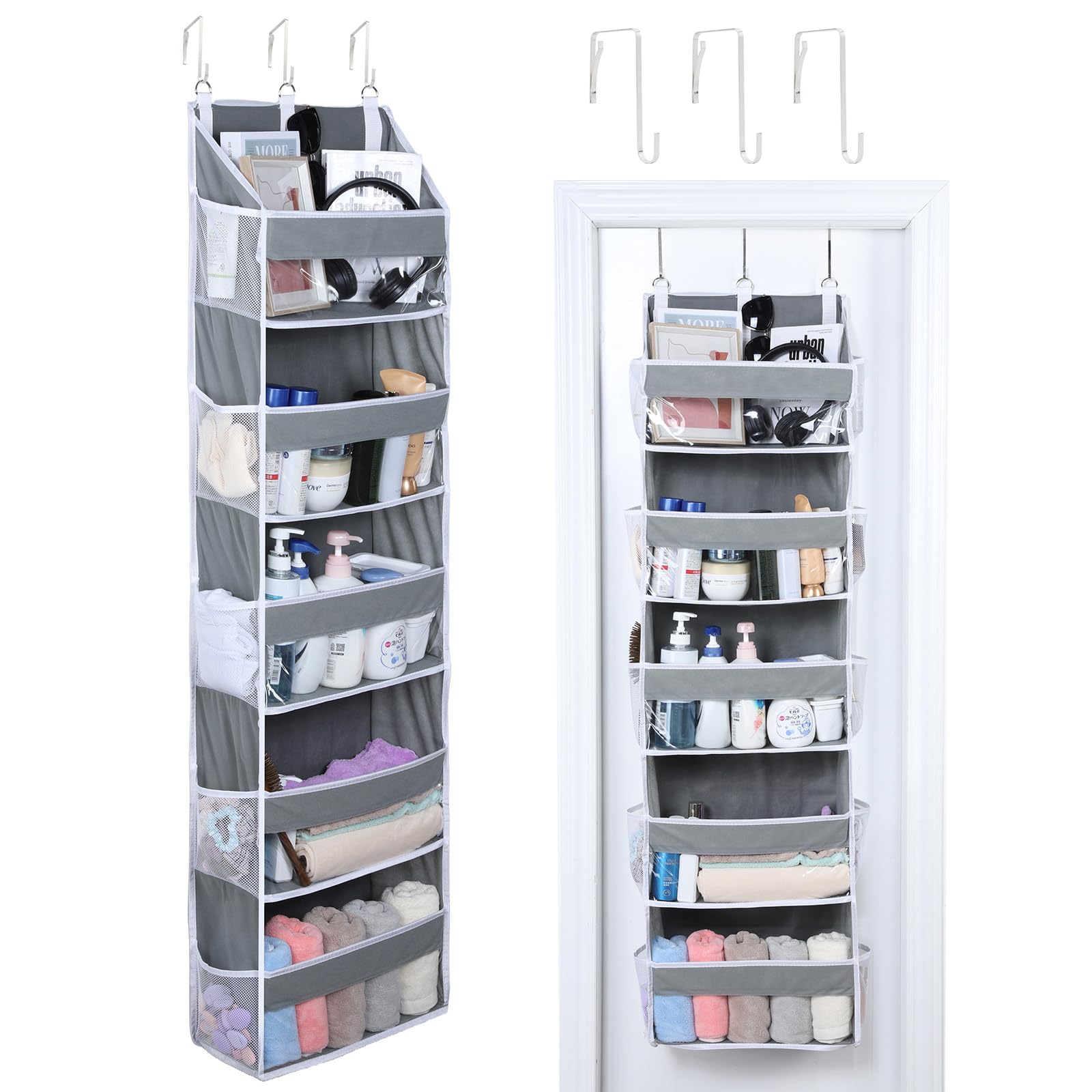 OTraki Wiszący organizer do szafy, 140 x 39 x 17 cm, 5 półek, przezroczyste okienko, z 10 kieszeniami bocznymi z siateczki, z metalowymi haczykami, do łazienki, sypialni, kuchni