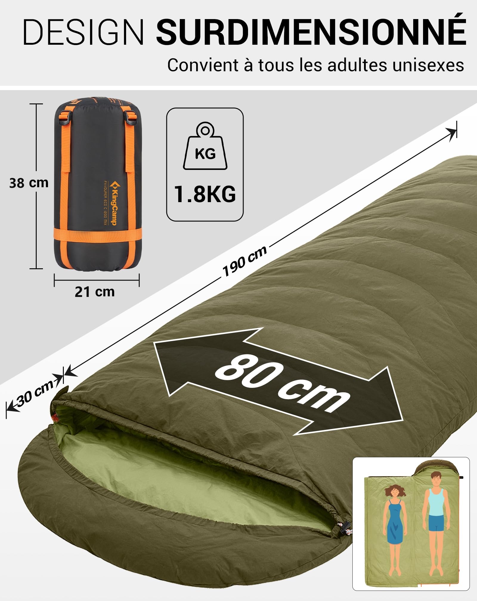 KingCamp Sac de Couchage 3-4 Saisons en Duvet et Coton, Sac De Couchage Sarcophage, Sac de Couchage Adulte Enfant Compact Hiver pour Camping Voyage Tentes Randonnée Extérieur Intérieur