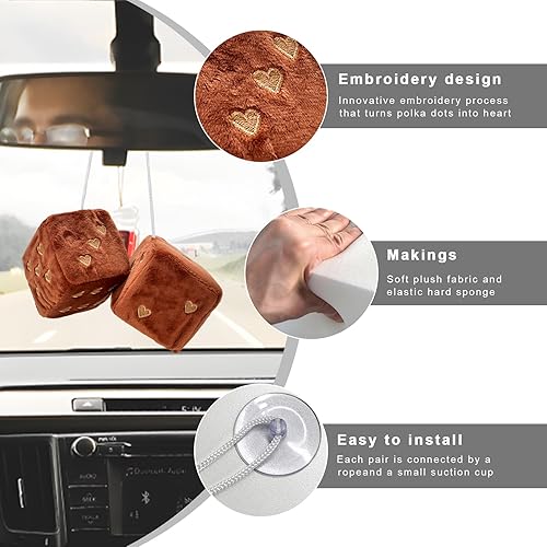 Miniatura 3 de 2 dados de felpa mullidos para espejo de automóvil, 2.75 pulgadas, retro, cuadrados, en forma de corazón, espejo retrovisor para automóvil, linda