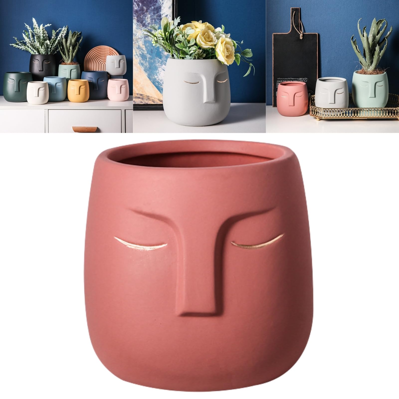 Boxonly Face Planter (Brown Red, Small, With Hole, Without Tray) - Ceramic Plant Pot for Succulents, Flowers, and Small Plants - Nordic Minimalist Vase for Indoor and Outdoor Home Decor