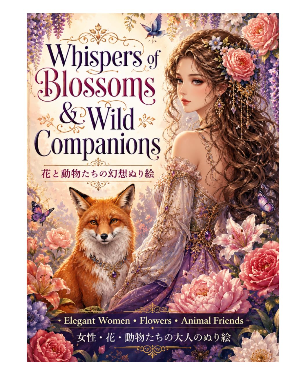 Whispers of Blossoms & Wild Companions: Adult Coloring Book of Elegant Women, Flowers, and Animal Friends