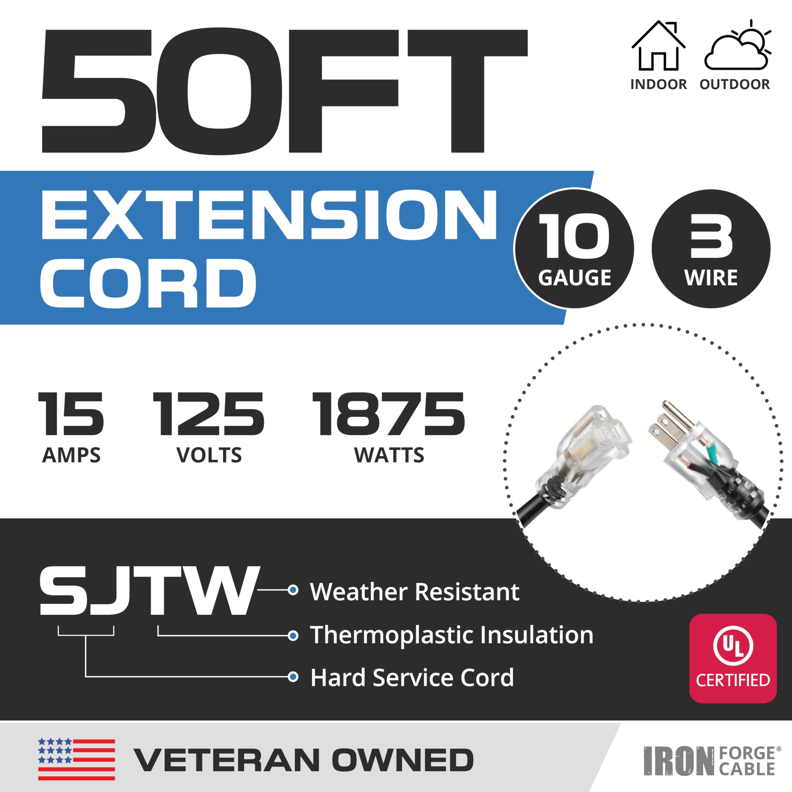 Iron Forge Cable Cable de extensión para exteriores de 50 pies – Cable de extensión SJTW de calibre 10 negro con enchufe de 3 clavijas para mayor seguridad, 15 amperios, ideal para jardín y