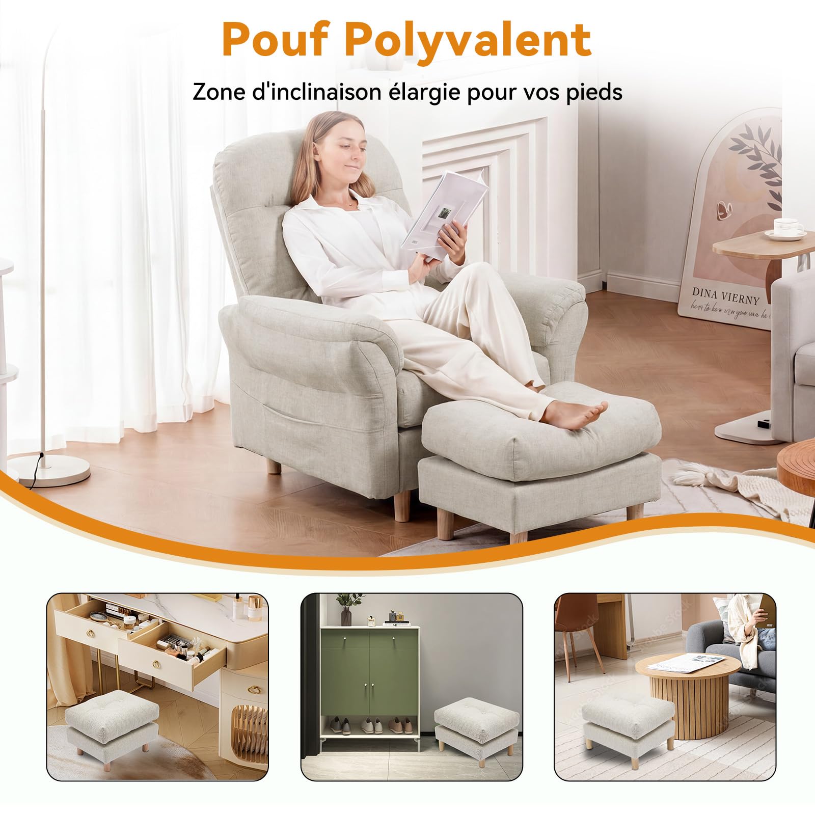 COMHOMA Fauteuil de Relaxation, Fauteuil Inclinable avec Tabouret, Dossier 4 Niveaux Réglable, Poche latérale, Fauteuils Rembourré Sac à Ressorts Simple Salon Chambre Cinéma, Chenille, Beige