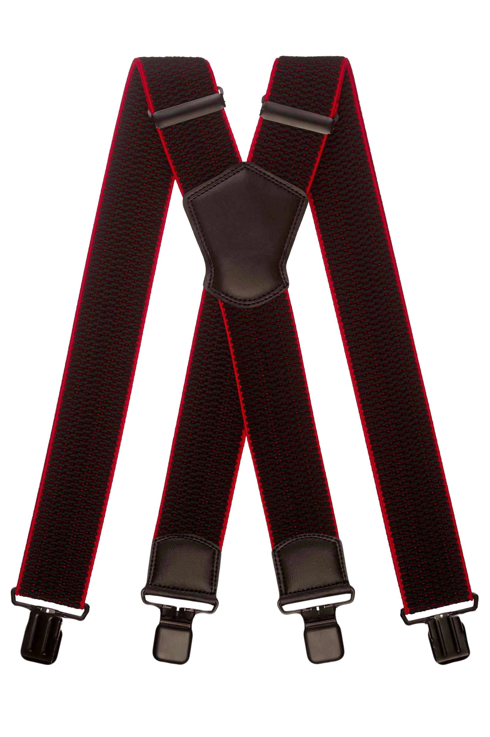 Olata Men's Multi Purpose Extra Wide X-Shape Braces/Suspenders with Leather Shield Centrepiece - 5cm. Black/Red (Black Clips)