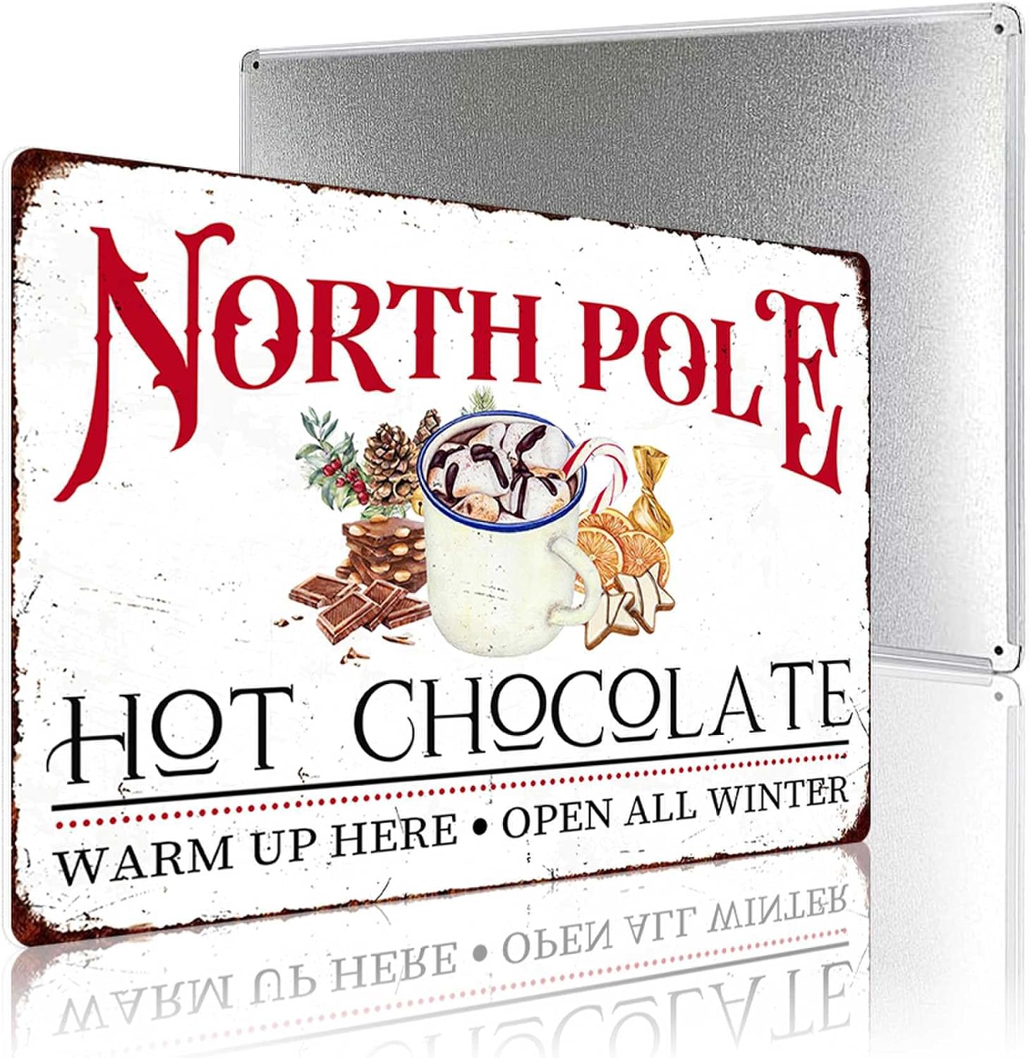 North Pole Hot Chocolate Warm Up Here Open All Winter Vintage Metal Tin Sign Home Wall Decor For Kitchen Bakery Coffee Bar Farmhouse Restaurants Cafe 8X12 Inch Christmas Decorations image 4