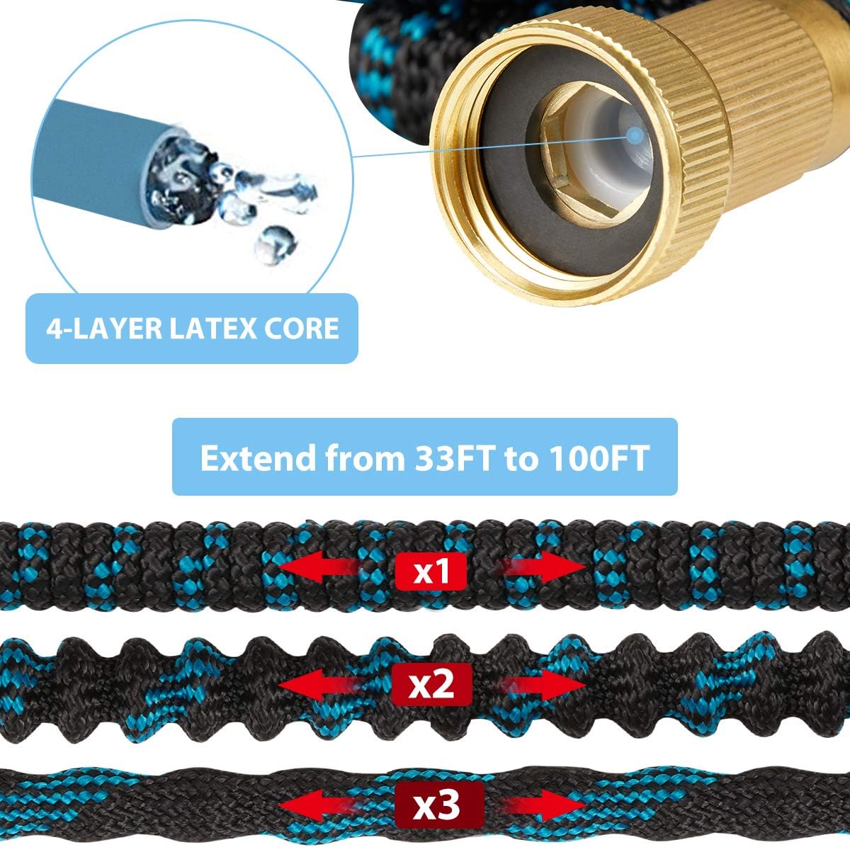 U-MAX Expandable Garden Hose 100FT, Ultra Strength 3750D, Flexible and Durable 4-Layers Latex Superior Strong Brass Connectors, 10-Way Heavy Duty Zinc Water Spray Nozzle