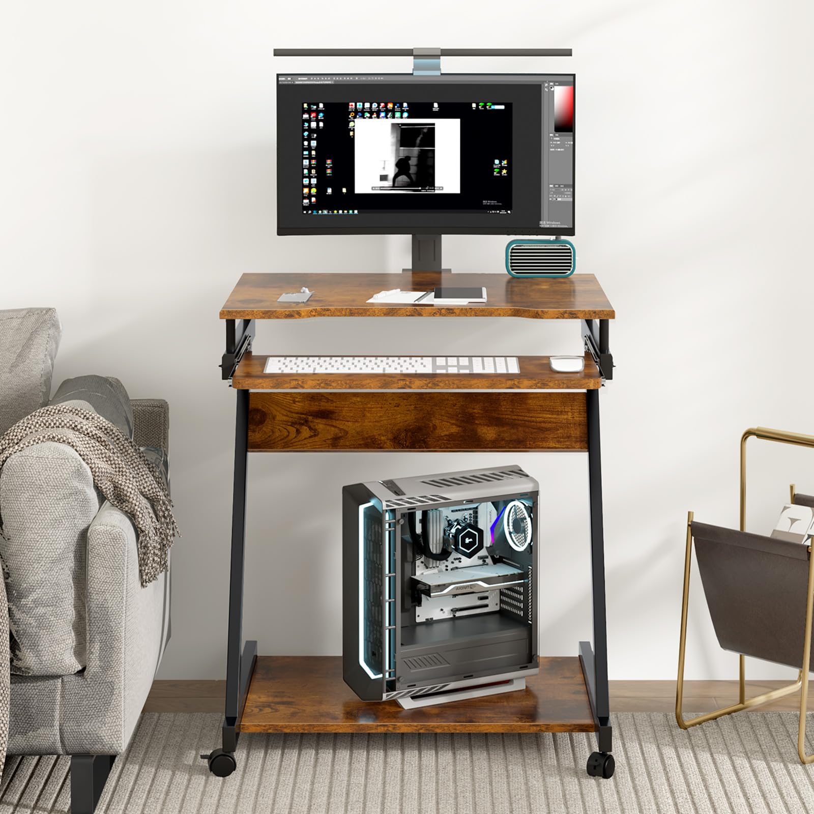 SogesHome Schreibtisch Klein Computertisch mit 4 Rollen 2 Davon mit Bremsen PC-Tisch in Z-Form mit Tastaturauszug für Zuhause und Büro, 60 x 48 cm