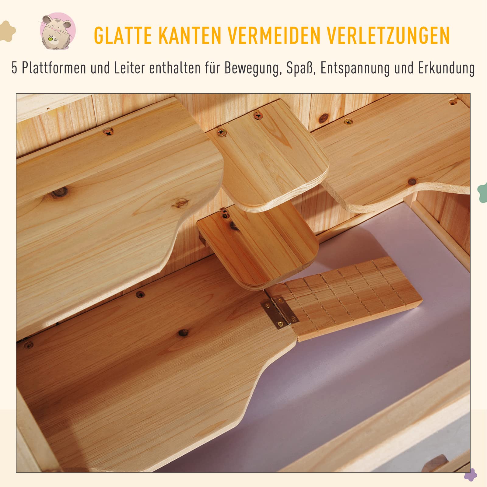 PawHut Kleintierkäfig Kleintierstall mit 5 Podesten und 1 Rampe Nagerkäfig Kleintierhaus Tannenholz Natur 60 x 40 x 80 cm