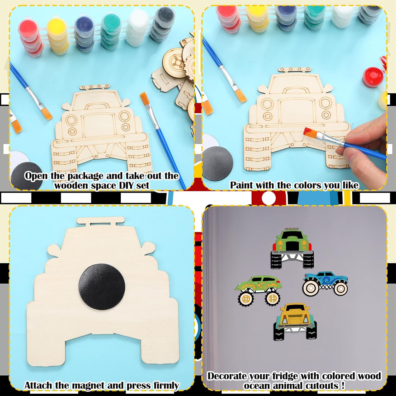 24 Pcs Unfinished Wood Monster Truck Cutouts Crafts Truck Party Favors Vehicles to Paint Wooden Car Magnets Ornaments DIY Tags Gift for Car Party Decoration Craft Project - Image 4