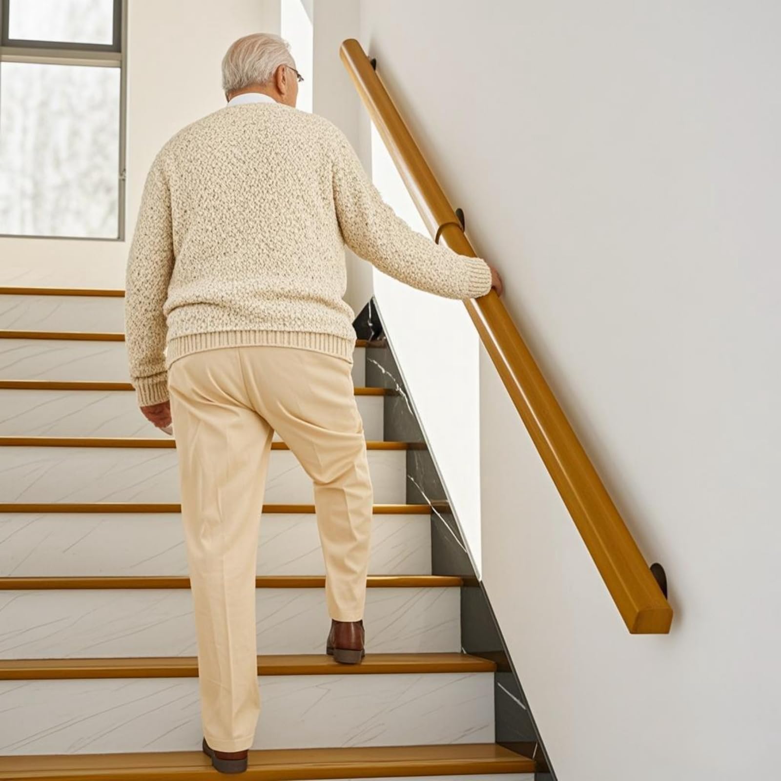 8FT Wooden Stair Railing Indoor, Wall Railings for Stairs, Hand Rails for Indoor Stairs, Non-Slip Stair Handrail for Home Garden Corridor Lofts Kindergarten Guardrail(2 Sections, 2 x 4FT)