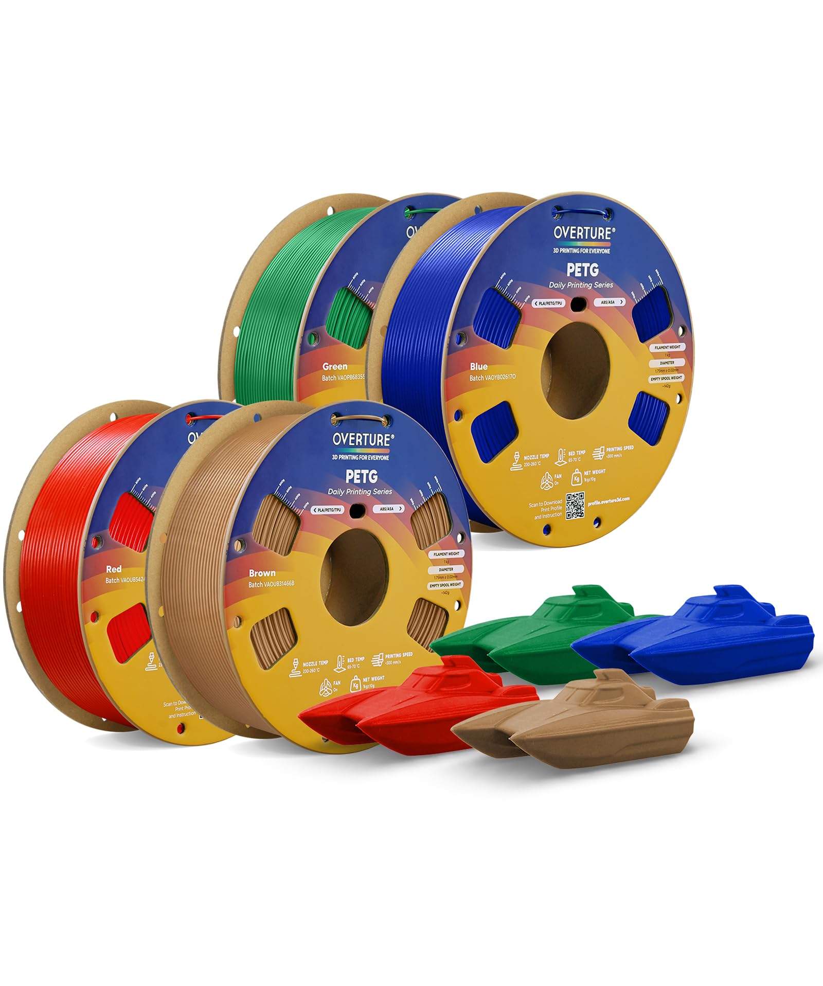 OVERTURE Pakiet filamentu PETG 4 kg 1,75 mm, filament do drukarki 3D o wysokiej prędkości, czerwony + brązowy + zielony + niebieski PETG szpula kartonowa 1 kg - starannie nawinięta, dokładność +
