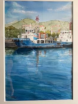 Amazon.co.jp: 水彩画 長崎港の絵 作業船の絵 透明水彩 絵画