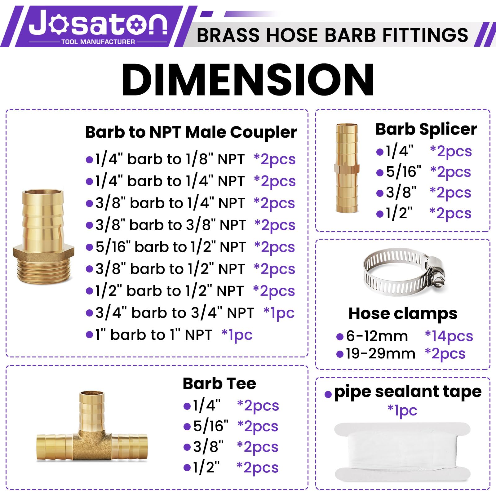 49 accesorios de latón para manguera de aire de 0,3 cm, 1/4", 5/16", 3/8", 1/2", 3/4", 1" acanalado a rosca NPT macho, empalmador y T con bridas