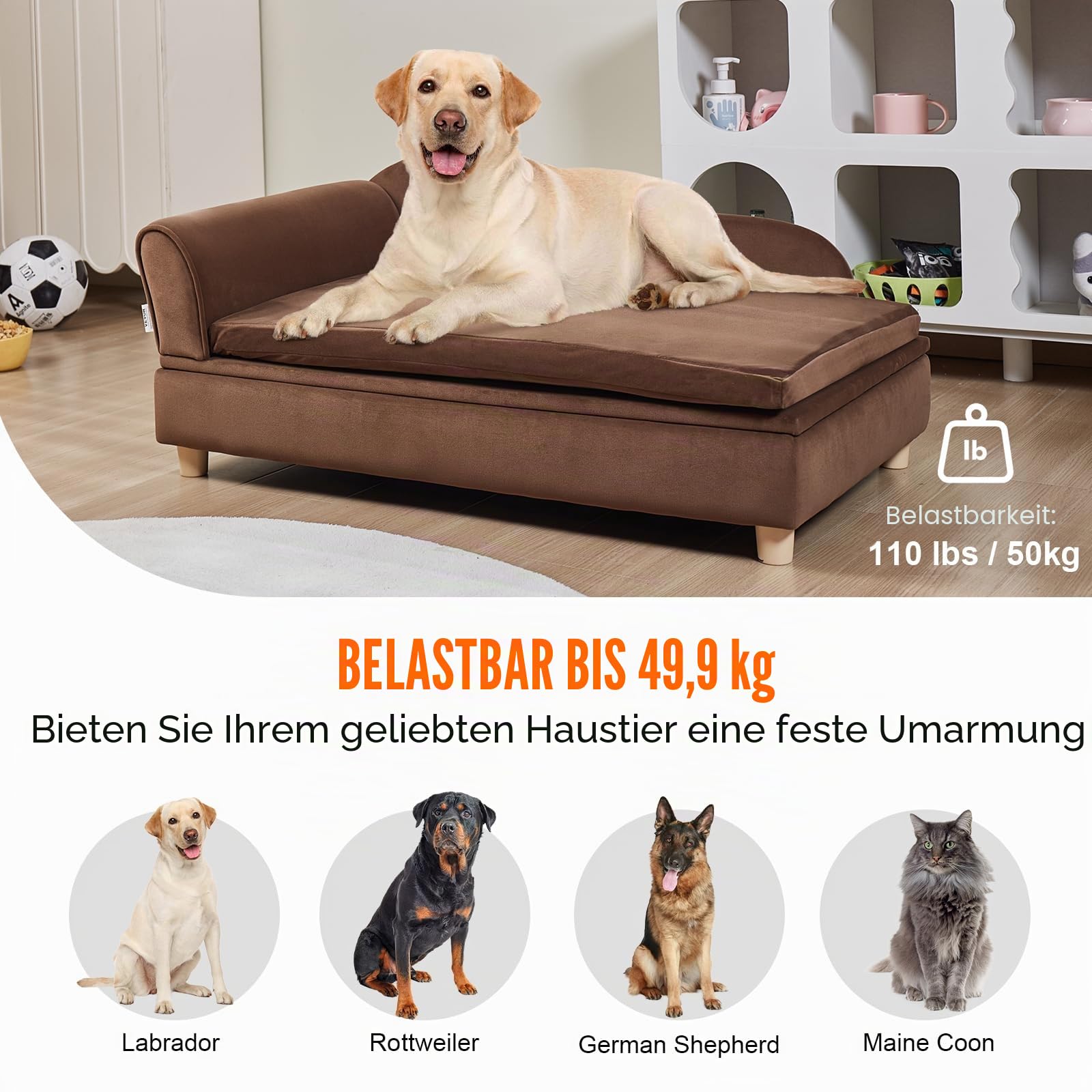 VEVOR Haustiersofa, Hundecouch für große Hunde und Katzen, weiches, samtiges Hundesofabett, 50 kg belastbares Katzensofa, Hundebett Haustierbett Dunkelbraun