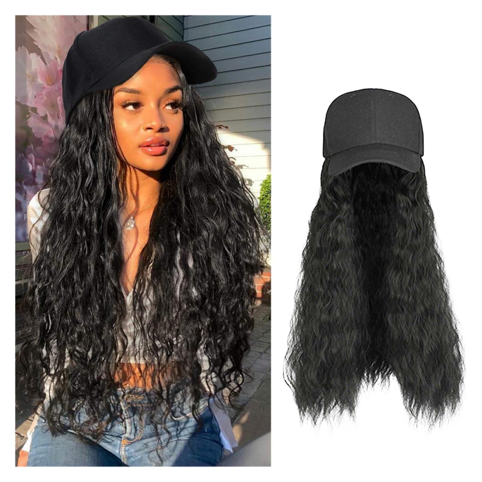 Wig Cap Peluca de gorra béisbol larga y recta con sombrero Pelucas cabello sintético Conectar pelucas ajustable(21)