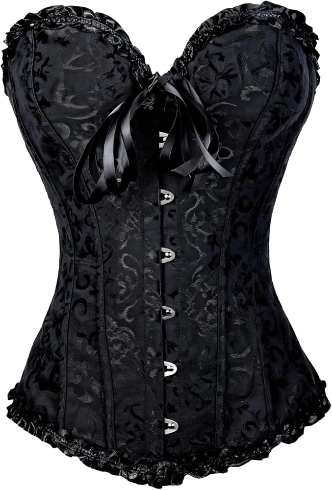 Bustier Layered Lace Trim Top ブラック Lace-Trim Corset For Women, Shaping Bustier With Front Metal