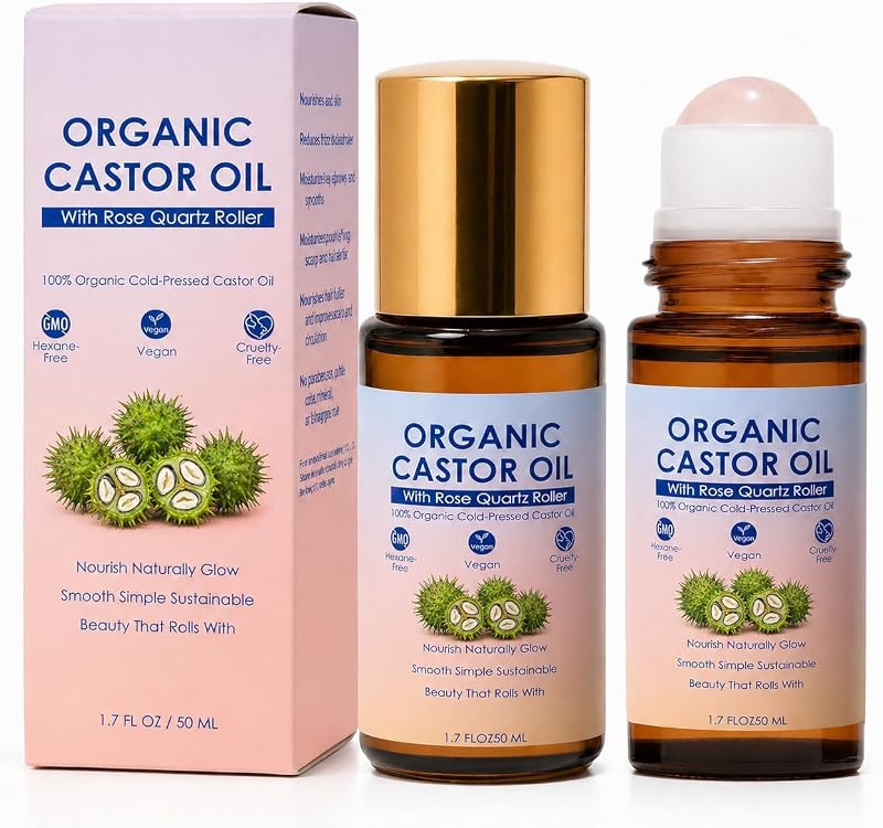 SDXJIOGE Óleo de rícino orgânico com aplicador roll-on de quartzo rosa, 50 mL