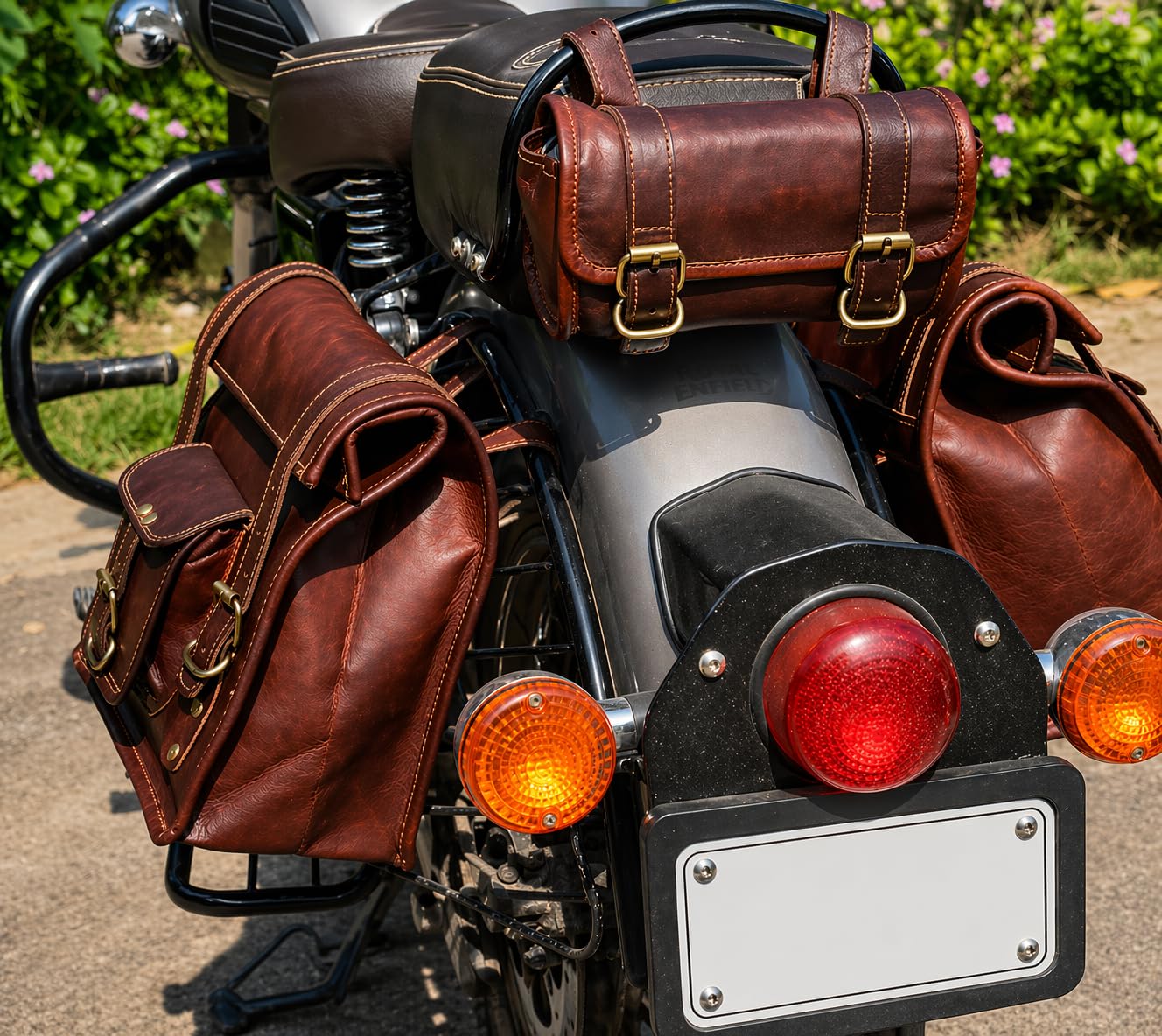 american blue 3X Sacoche de Queue de Moto Ensemble de Trois sacoches de Selle sacoches de Moto pour Porte-Bagages arrière en Cuir Trousse à Outils Sac personnalisé (Marron) (Marron)