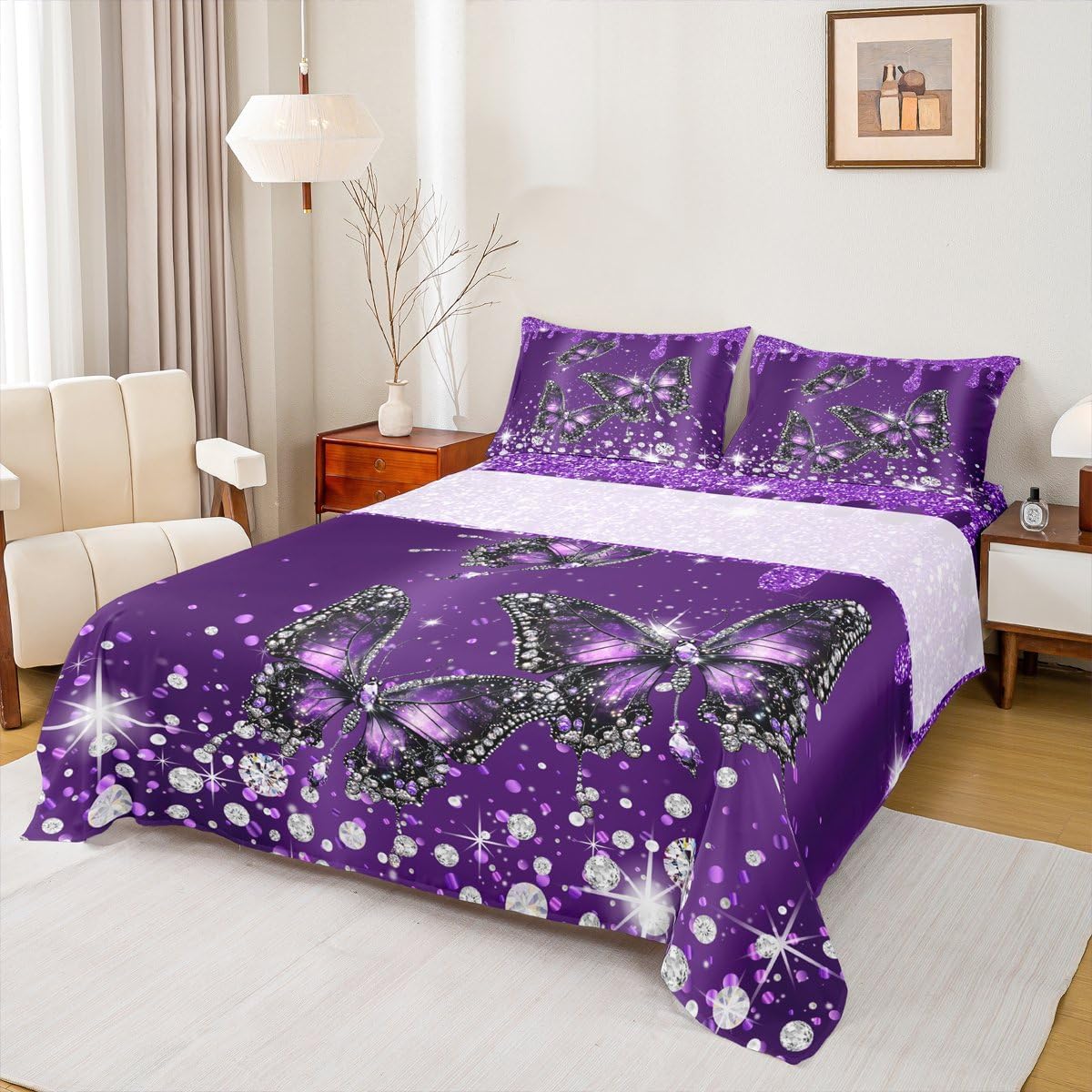 Feelyou Purple Butterfly Bed Sheets Sets Queen Size Kids Boys Girls Glitter Diamonds Bedding Set Chic Luxury Glitter Bed Sheet Set with 16-Inch Deep Pockets (Just Print) 4Pcs with 2 Pillow Cases