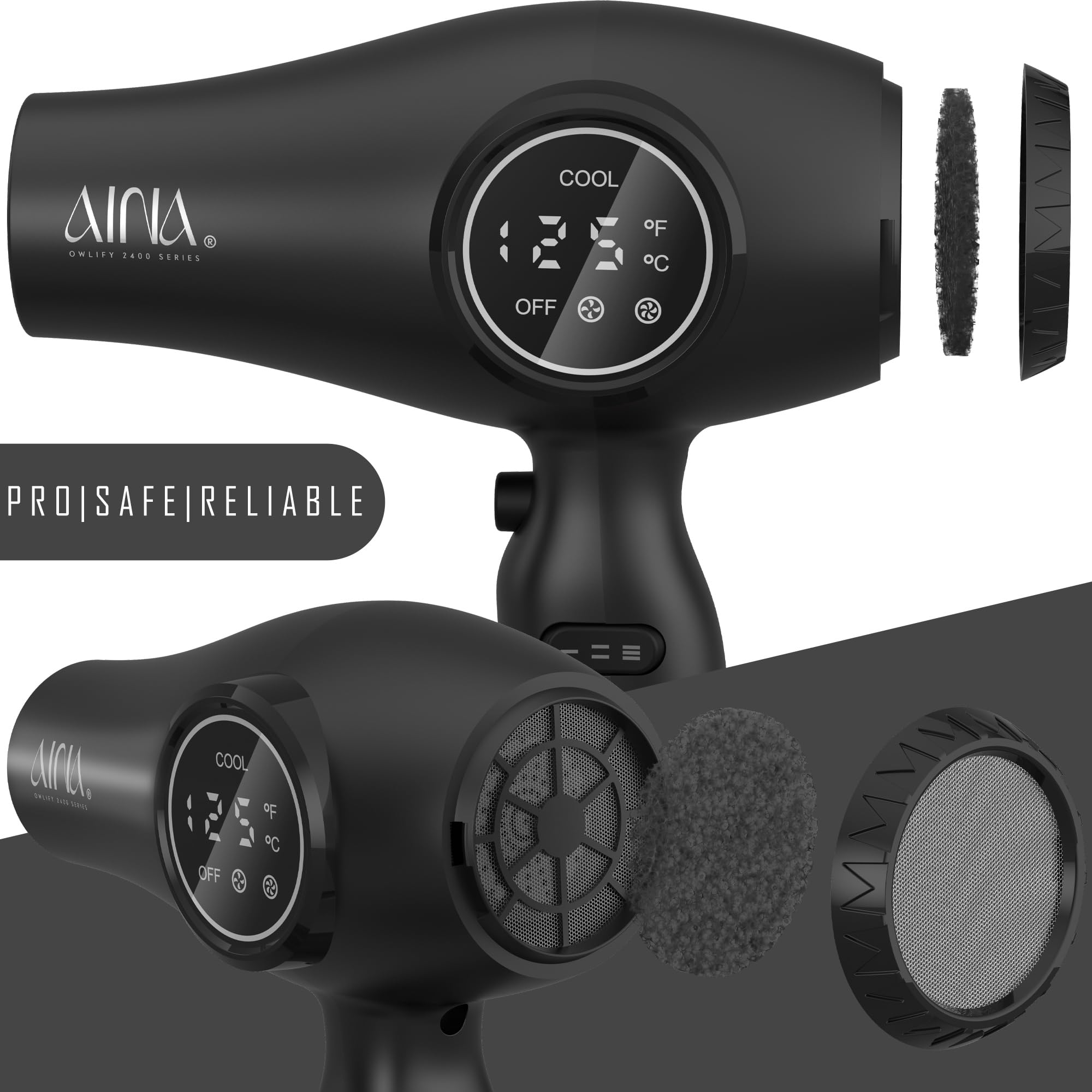 AINA Professional Hair Dryer with Diffuser, 110V 1875W, Ionic, LED Display