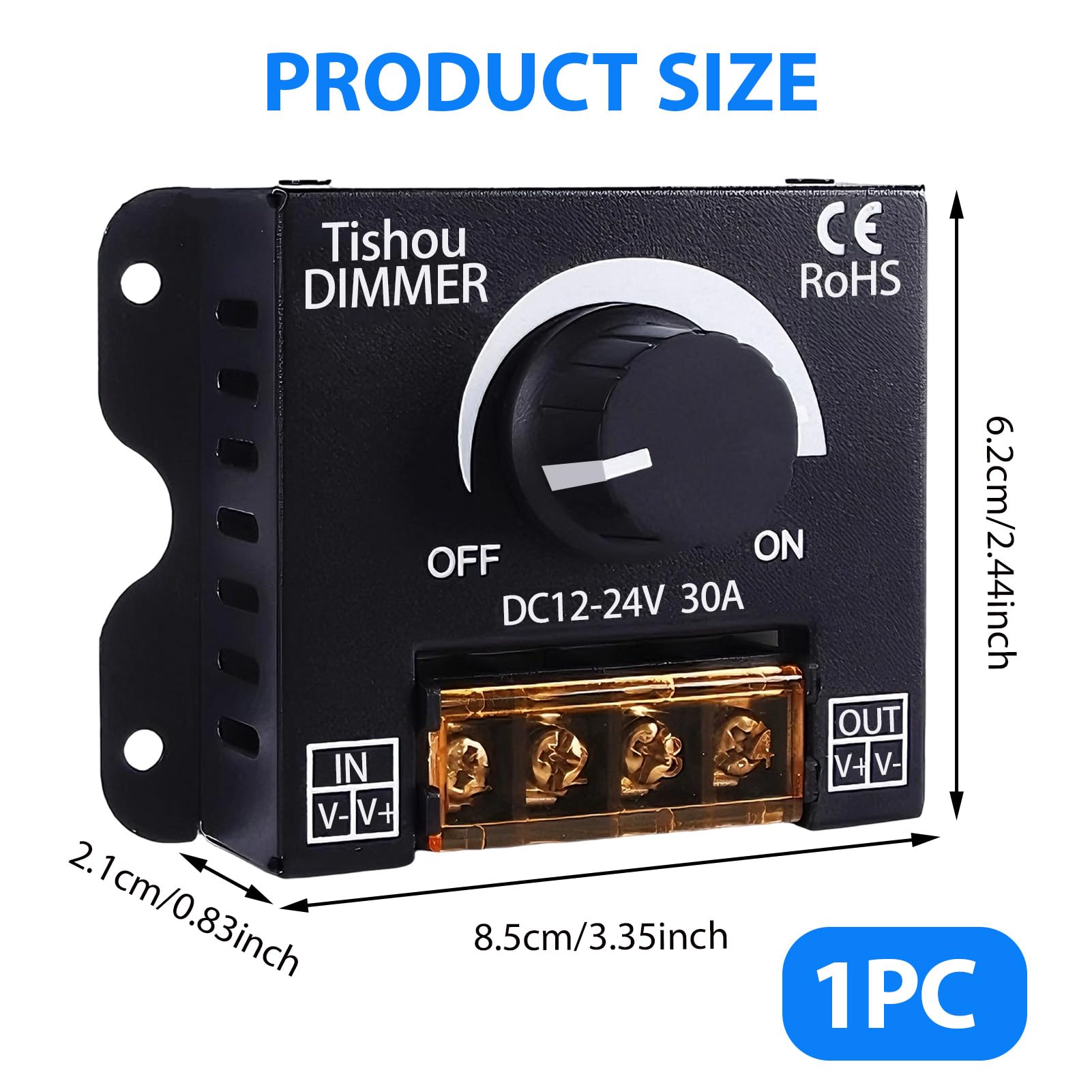 Controlador LED 12V 24V 30A PWM Regulador de Intensidad con Botón On/Off, Dimmer para Tira LED Monocromática 5050 3528, Carcasa de Aluminio Duradera e Instalación Sencilla Compatible con Luces DC
