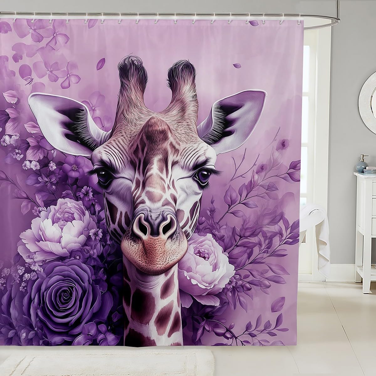 Wildlife Giraffe Shower Curtain,Dreamy Purple Flowers Bath Curtain for Kids Boys,African Safari Animals Waterproof Bathroom Curtain with 12 Hooks,Botanical Shower Curtains for Bathtubs 72" W x 84" L