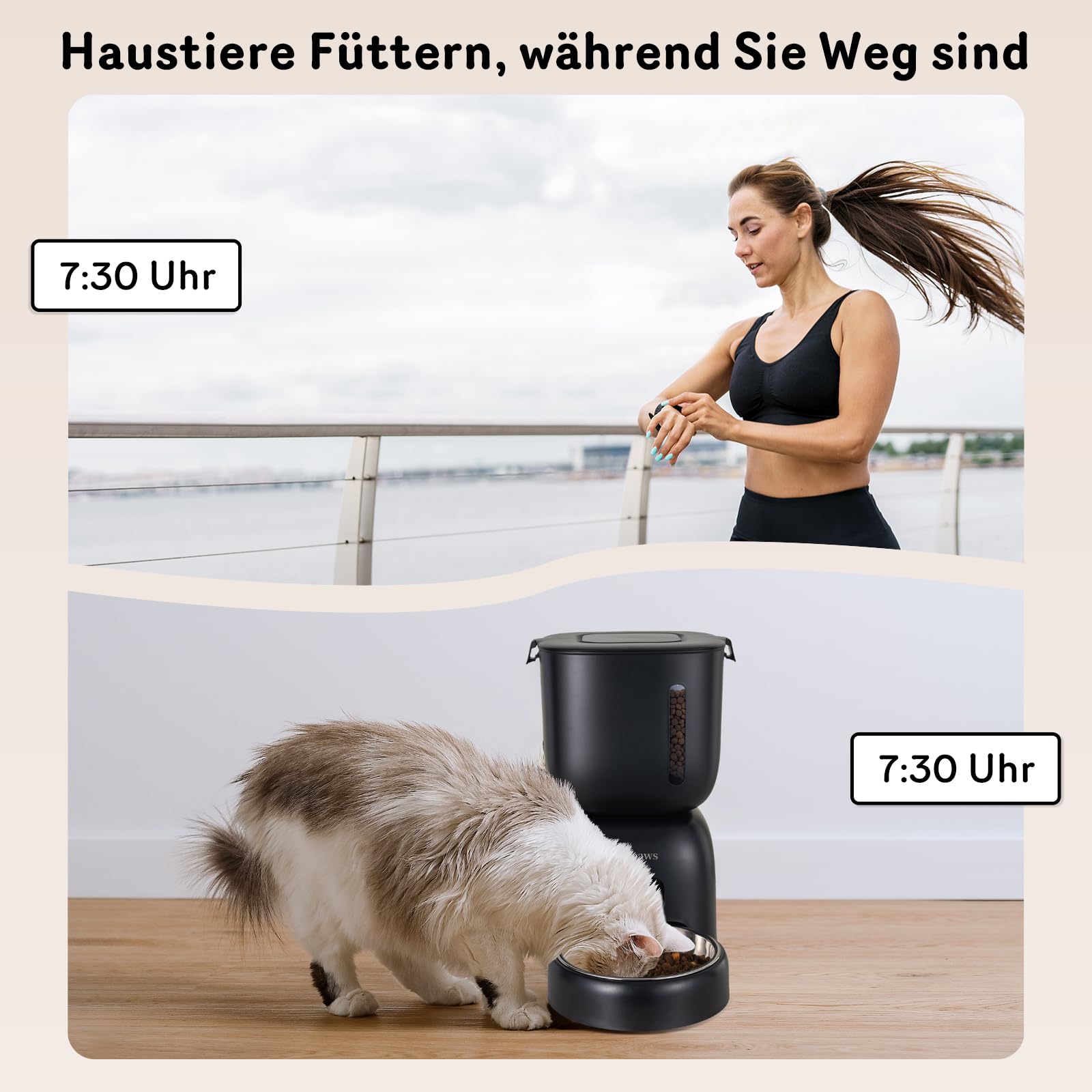 Futterautomat Katze und Katzen Trinkbrunnen FW1, Draht oder Batterie Futterspender Katze 3L Timer Pet Feeder - Verriegelbarer Deckel, Trockenmittelbeutel, programmierbare Portionskontrolle