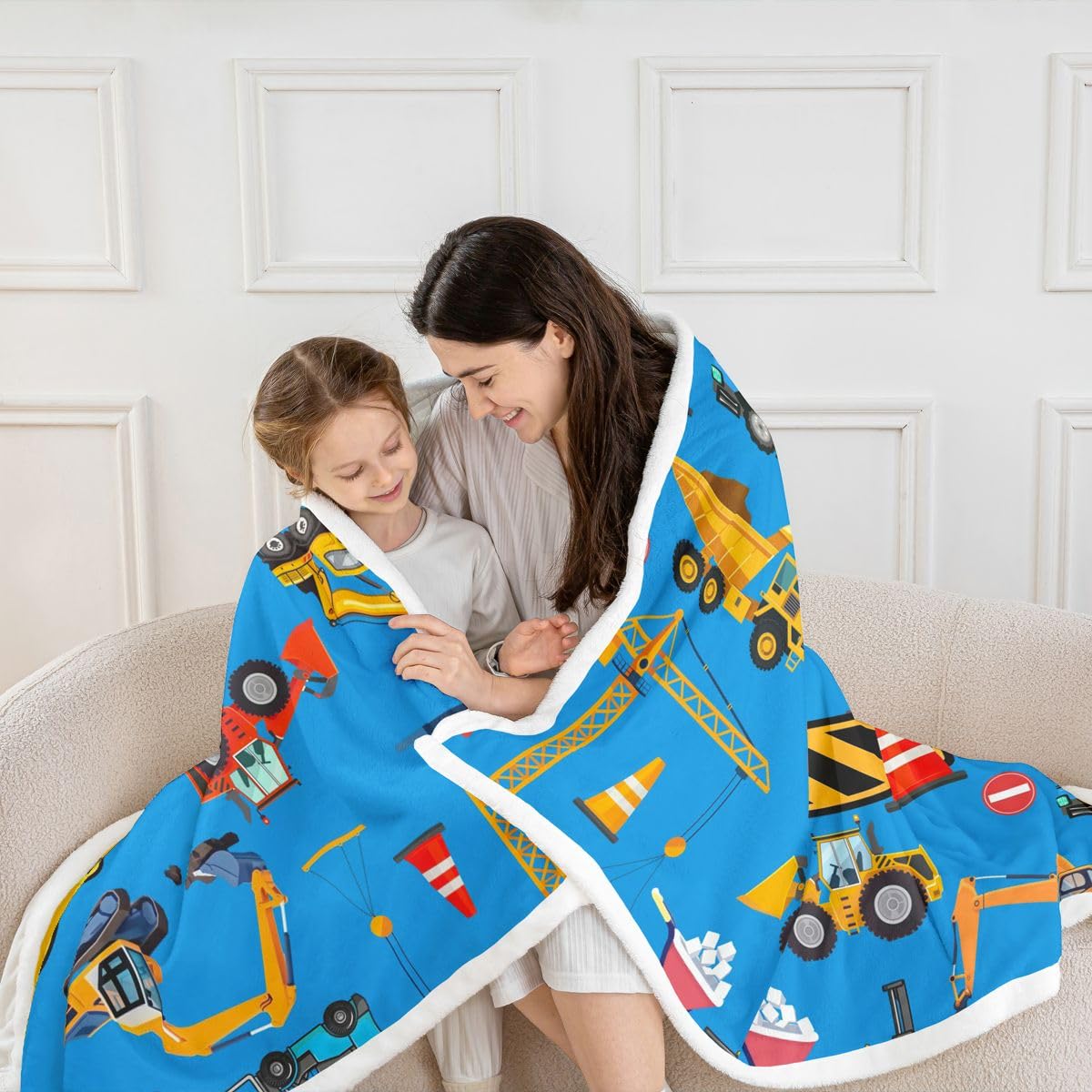 Loussiesd Pojazdy budowlane koc polarowy koparka litera Z Sherpa koc dla dzieci kobiet mężczyzn pluszowy puszysty kreskówka samochód traktor królowa 228 x 229 cm na łóżko kanapę krzesło salon