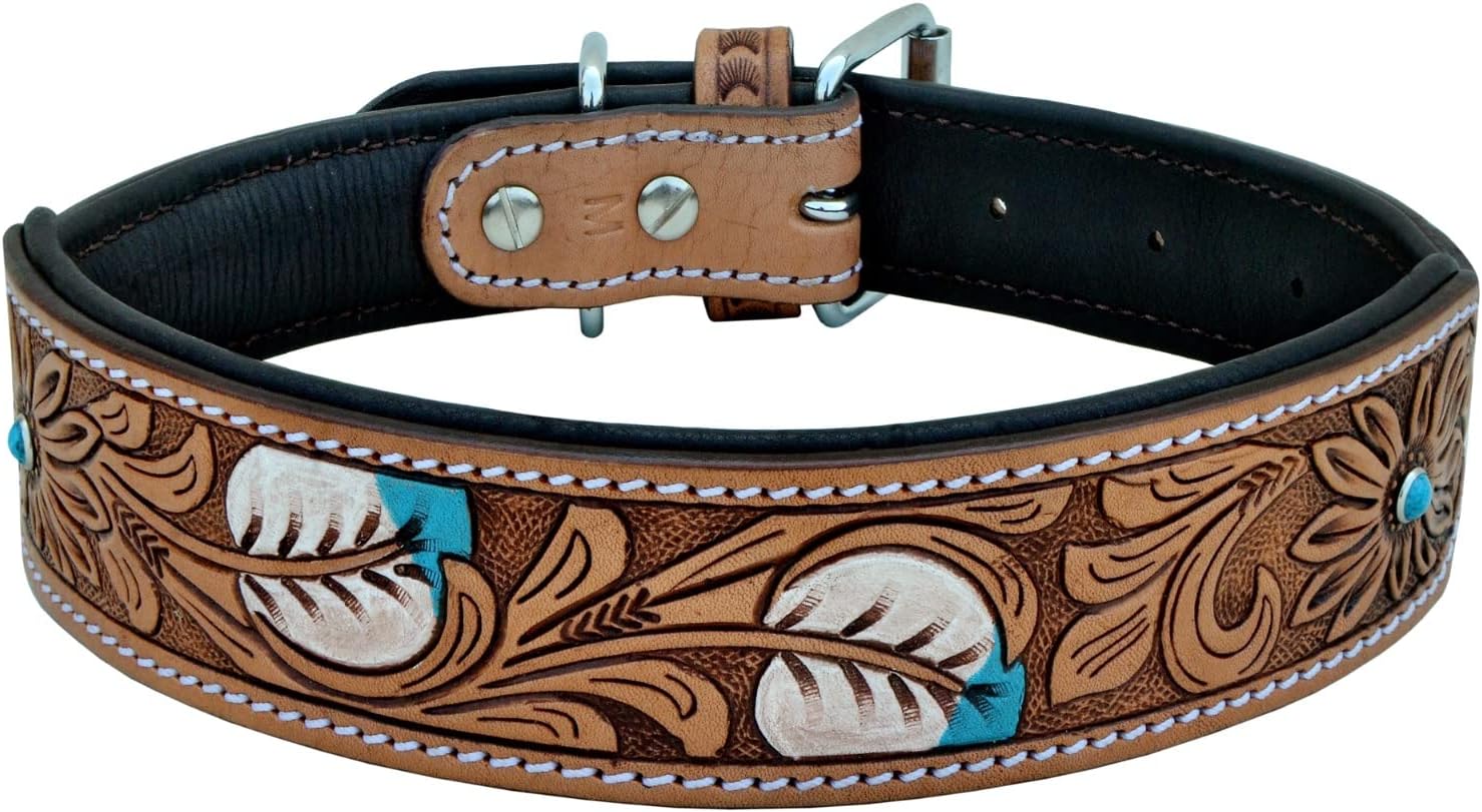 Affilare Leather Dog Collar Western Style Heavy Duty Hand Tooled Adjustable Padded Soft for Puppies and Big Dogs 10AB117-XS