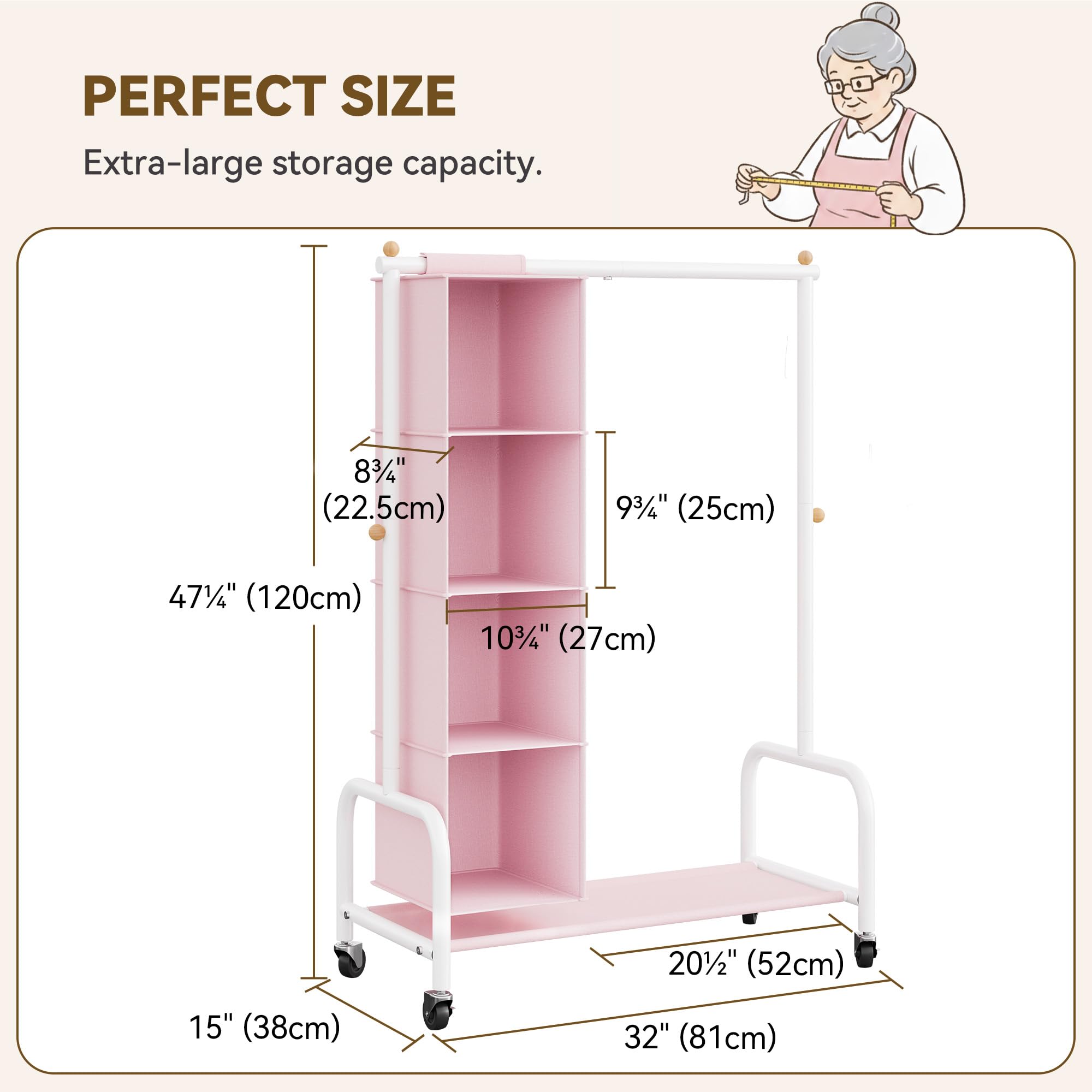 GRANNY SAYS Appendiabiti per Bambini con Organizer a Sospensione, Appendiabiti con Ruote per Travestimenti, Appendiabiti per Bambini, Appendiabiti per la Cameretta dei più Piccoli, Rosa/Bianco