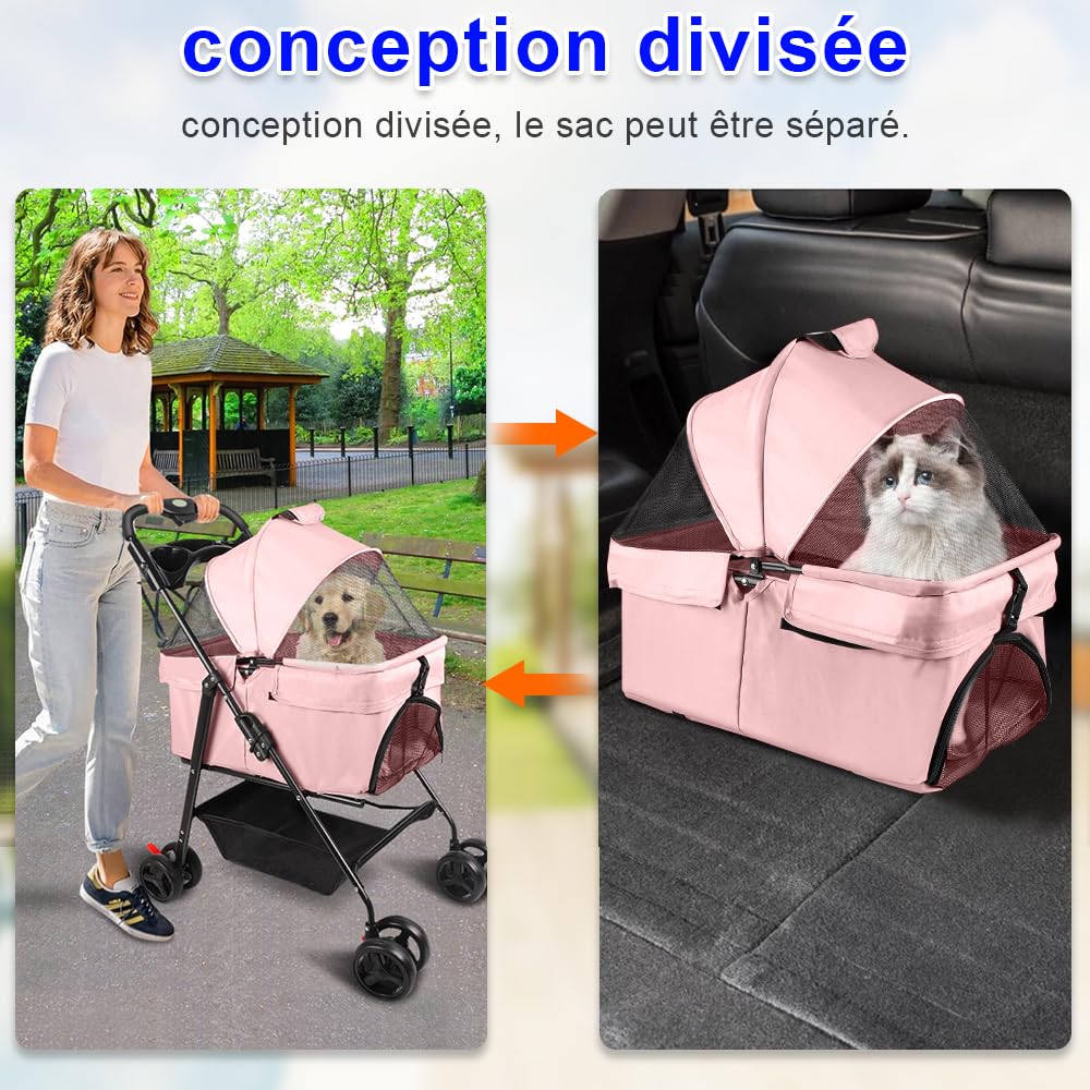 Homewell Passeggino per gatti e cani pieghevole, cestino rimovibile, passeggino per animali domestici, carrello per gatti portatile, con cestino ventilato, spazio di archiviazione e portabicchieri