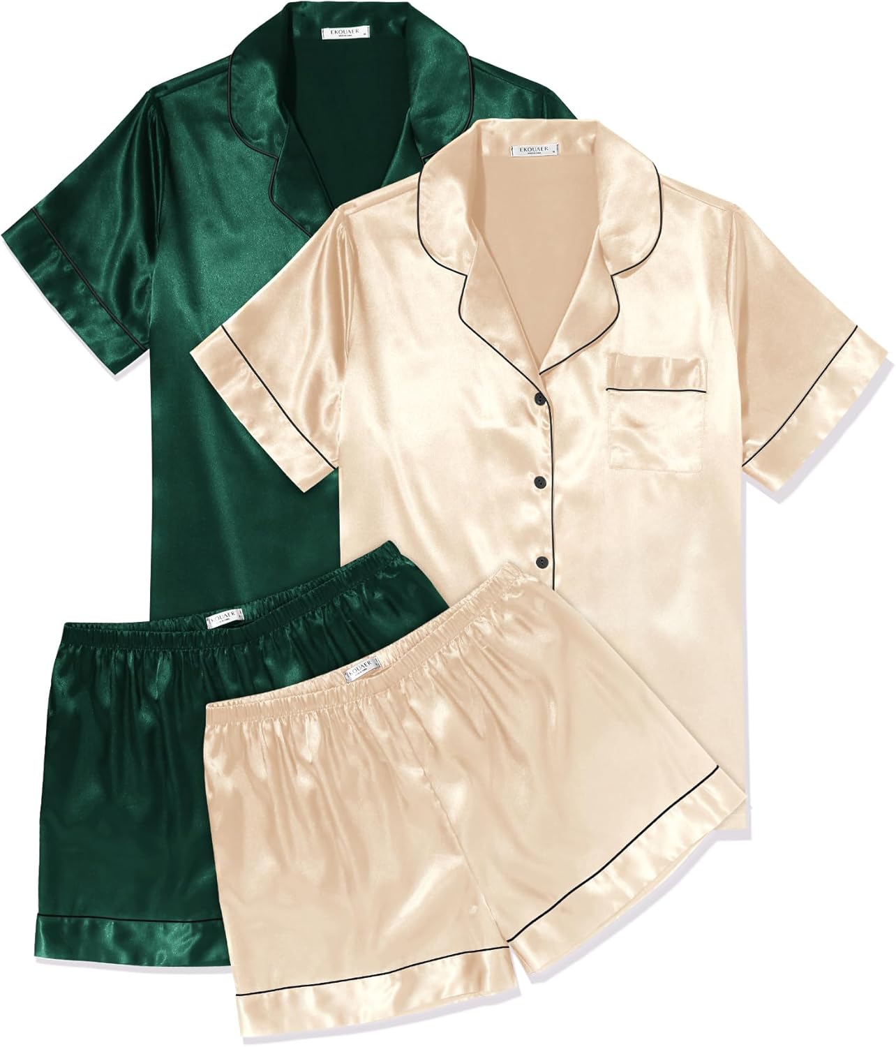 Ekouaer 2 Pack Pajama Sets for Women Silk Satin Pj Short Sleeve Button Down Sleepwear Top and Shorts Summer Lounge Set S-XXL