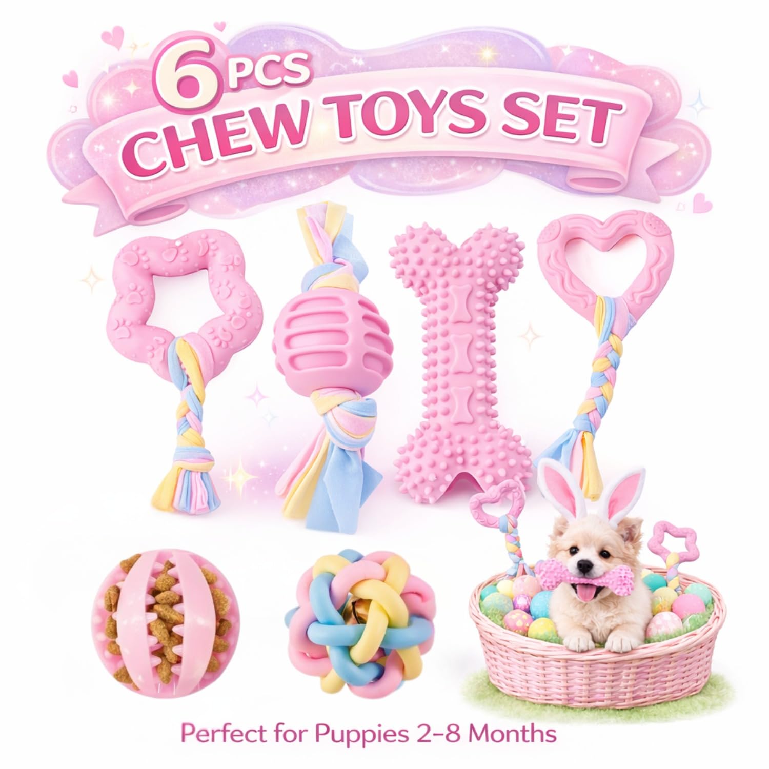 Paquete de 6 juguetes de dentición para cachorros, juguetes para perros pequeños para razas pequeñas, bonitos juguetes masticables de goma rosa, esenciales para cachorros, el mejor cumpleaños