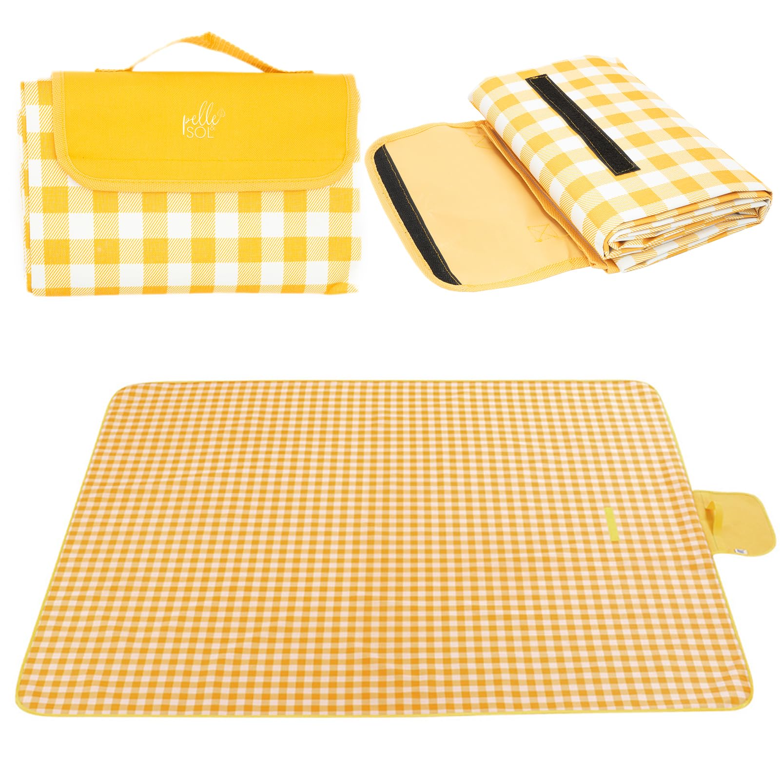 Pelle & Sol, coperta da picnic, pieghevole, impermeabile, a prova di sabbia, lavabile in lavatrice, antiscivolo, con maniglia per il trasporto per famiglia, spiaggia, campeggio, 200 x 140 cm (giallo)