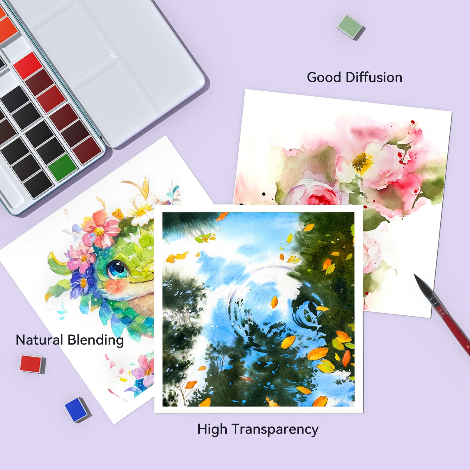 Ensemble de peinture aquarelle de voyage comprenant 36 couleurs aquarelles unies + papier aquarelle 50 % coton de 19,1 x 19,1 cm (20 feuilles) + 1 pinceau aquarelle + organiseur de poche