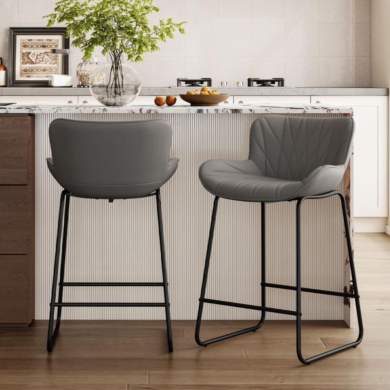 chairus Set of 2 Modern Bar Stools in PU Leather, Gray 2pcs