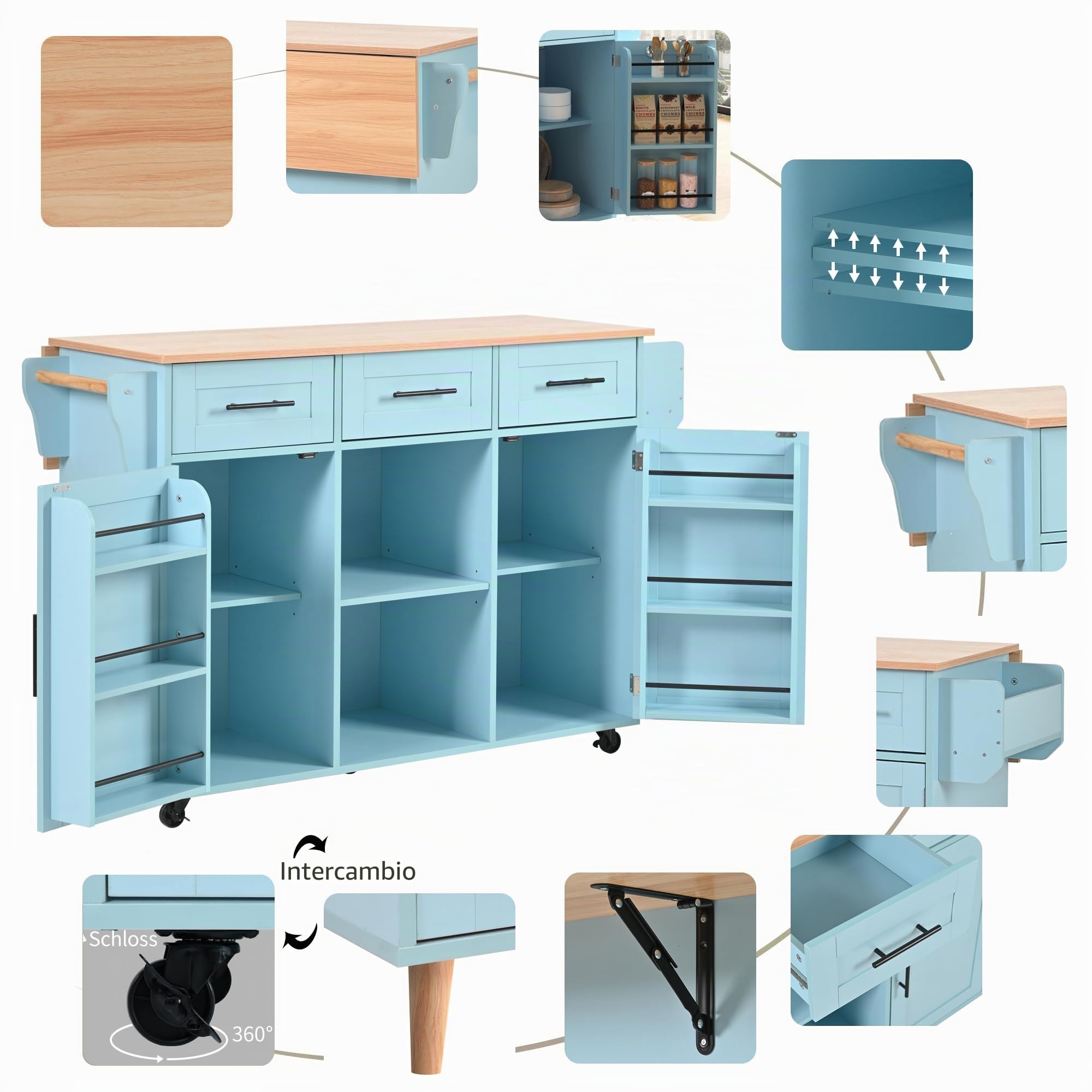 Carro de cocina con ruedas, gran carrito de comedor/aparador, en vetas de madera maciza, armario de cocina con encimera plegable, puerta de almacenamiento, patas de madera maciza intercambiables,