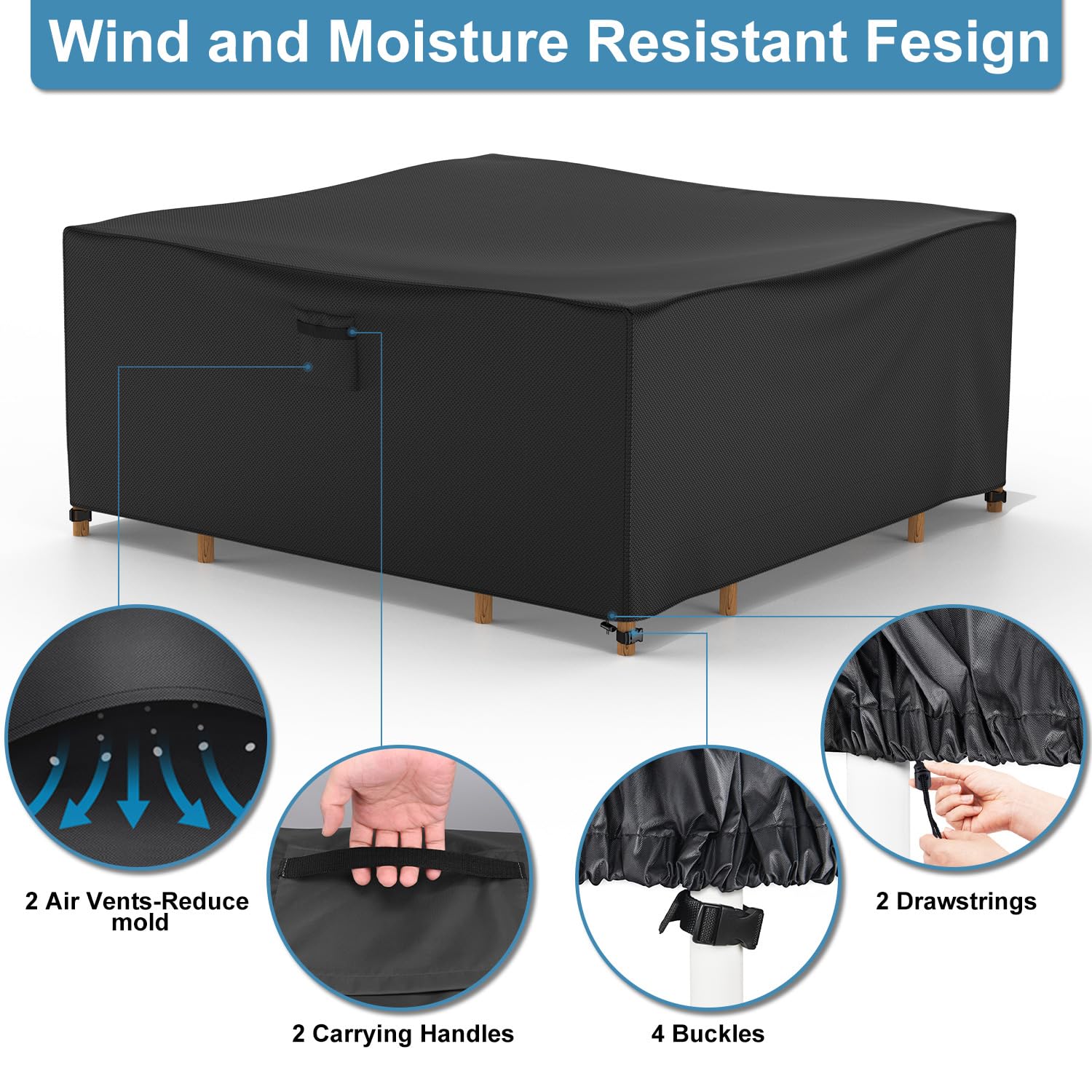 Farfy Copri Copertura Mobili da Giardino Impermeabile 150x150x75cm, Copertura Tavolo Esterno in Tessuto Oxford 600D, con Ventilazione, Cinghie in Fibbia Antivento, Anti-UV, A Prova di Strappo