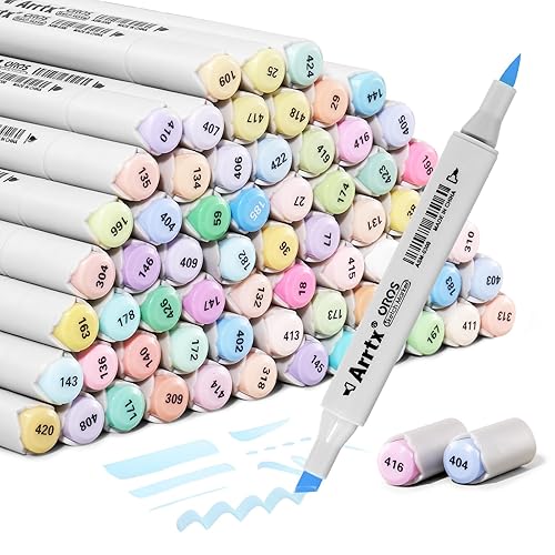 Arrtx Marcadores de Alcohol de 66 Colores Pastel - Doble Punta (Pincel y Cincel) para Artistas, Estudiantes - Colorear, Caligrafía, Dibujo e Ilustración - Negro, pastel, blanco