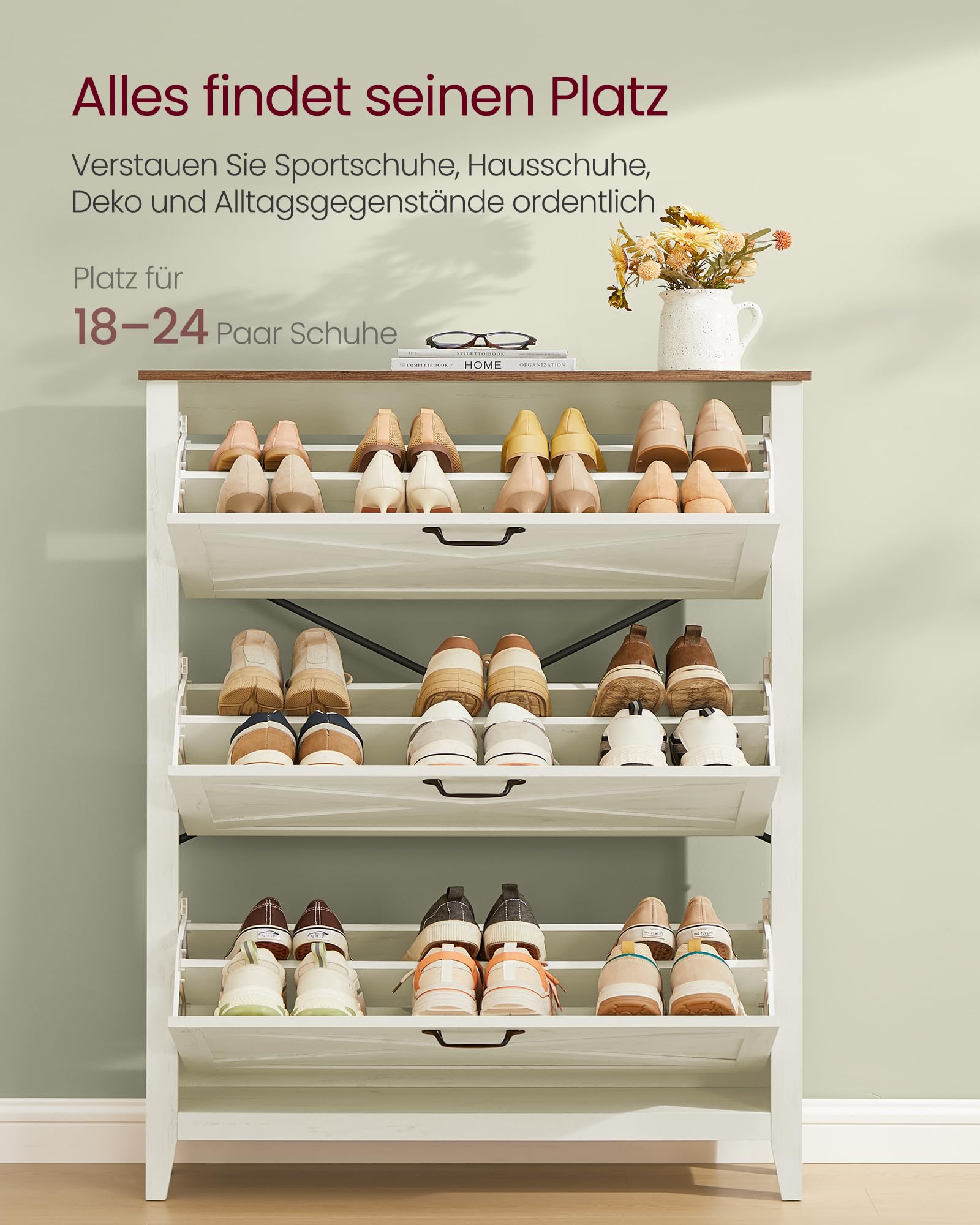 VASAGLE LIRY Kollektion - Schuhschrank 3 Klappen, Schuhkipper, freistehendes schmales Schuhregal, für Eingangsbereich, Landhausstil, für 18-24 Paar Schuhe, vintageweiß HSC301W02