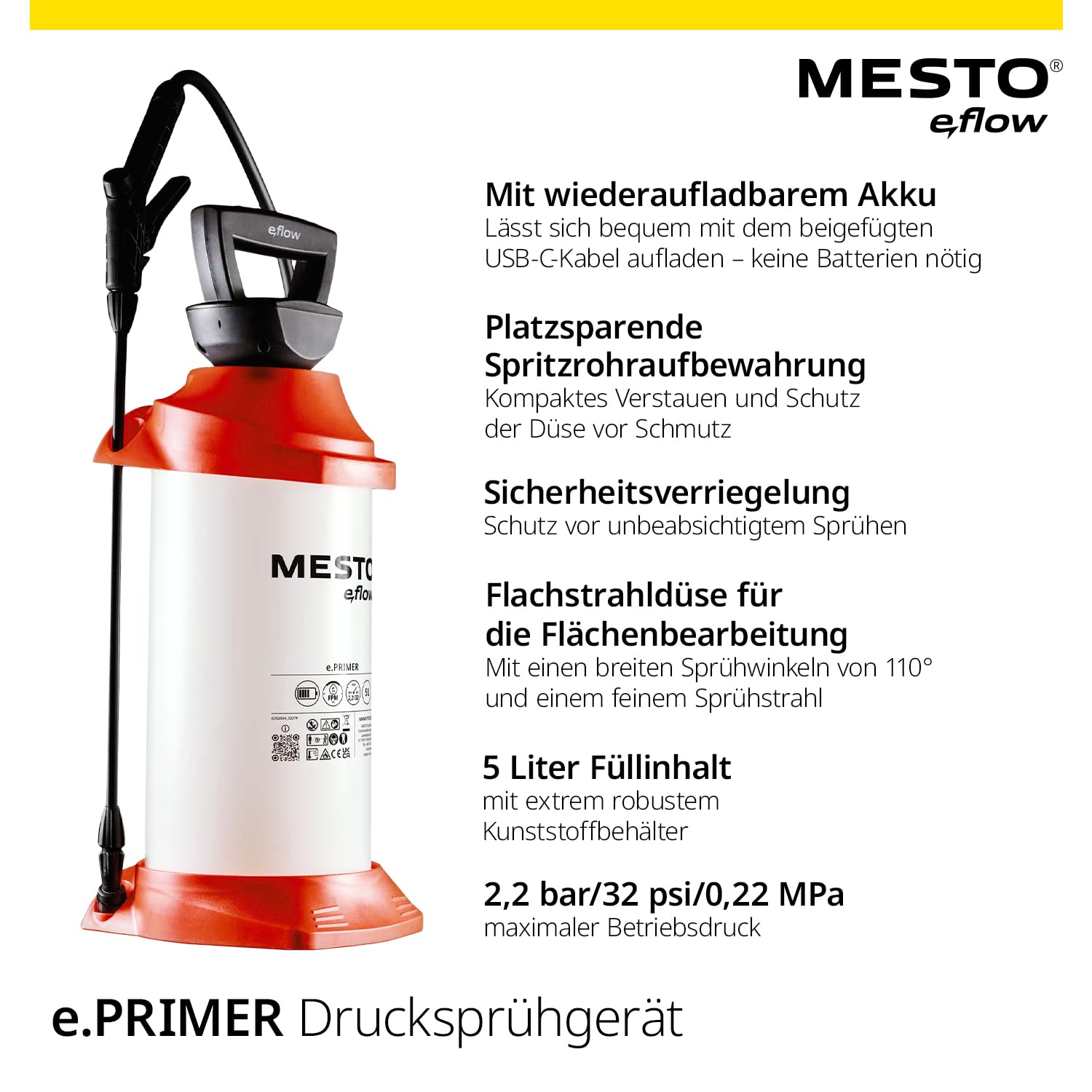 MESTO e.Primer Akku-Drucksprühgerät | Akku Drucksprüher 5 Liter | Für Tiefgrund, Haftgrund & Bauchemikalien | Drucksprüher Akku | Drucksprüher 5L für Handwerk & BAU | Drucksprüher elektrisch