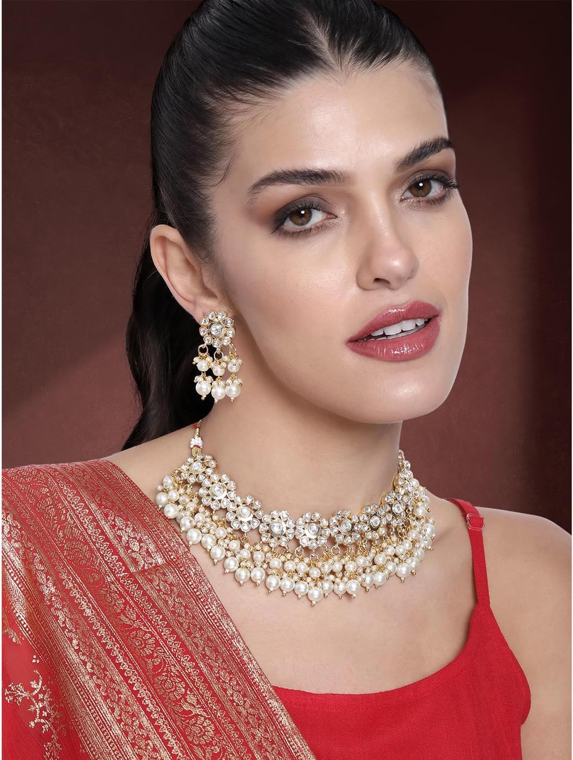 Aheli Traditional Green Kundan Pearl Choker Necklace Earrings Bharatanatyam jewellery set Gift for Women - Image 2