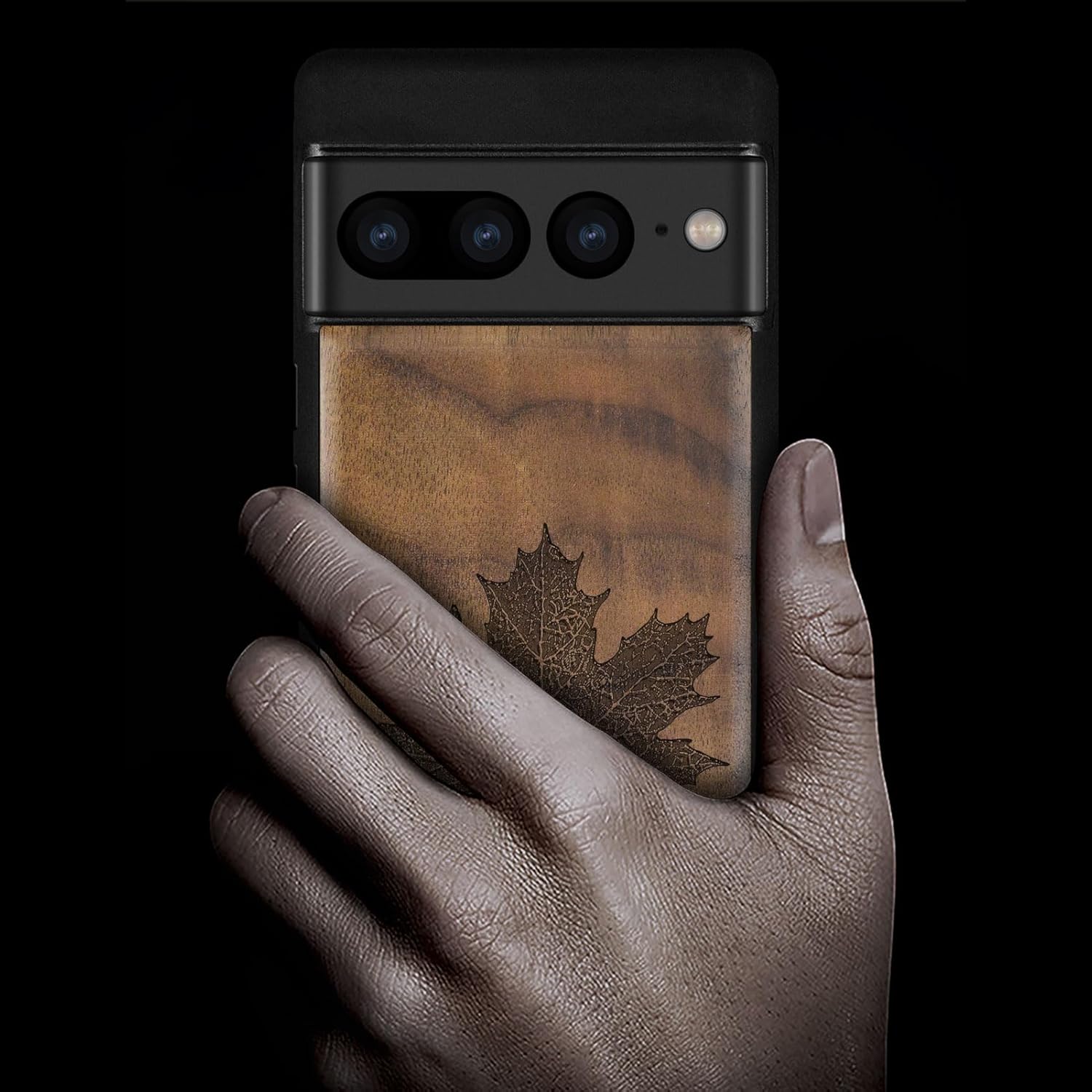 Carveit Wood Case for Pixel 7 Pro Case [Natural Wood & Black Soft TPU] Shockproof Protective Unique Wooden Cover Compatible with Google Pixel 7 Pro (Maple Leaf-Walnut)