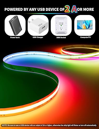Miniatura 6 de Tira de luz LED RGB inteligente PAUTIX con IC COB USB 5V 2m/6.56ft, funciona con Alexa/Google Assistant, tira de luz LED flexible multicolor UL