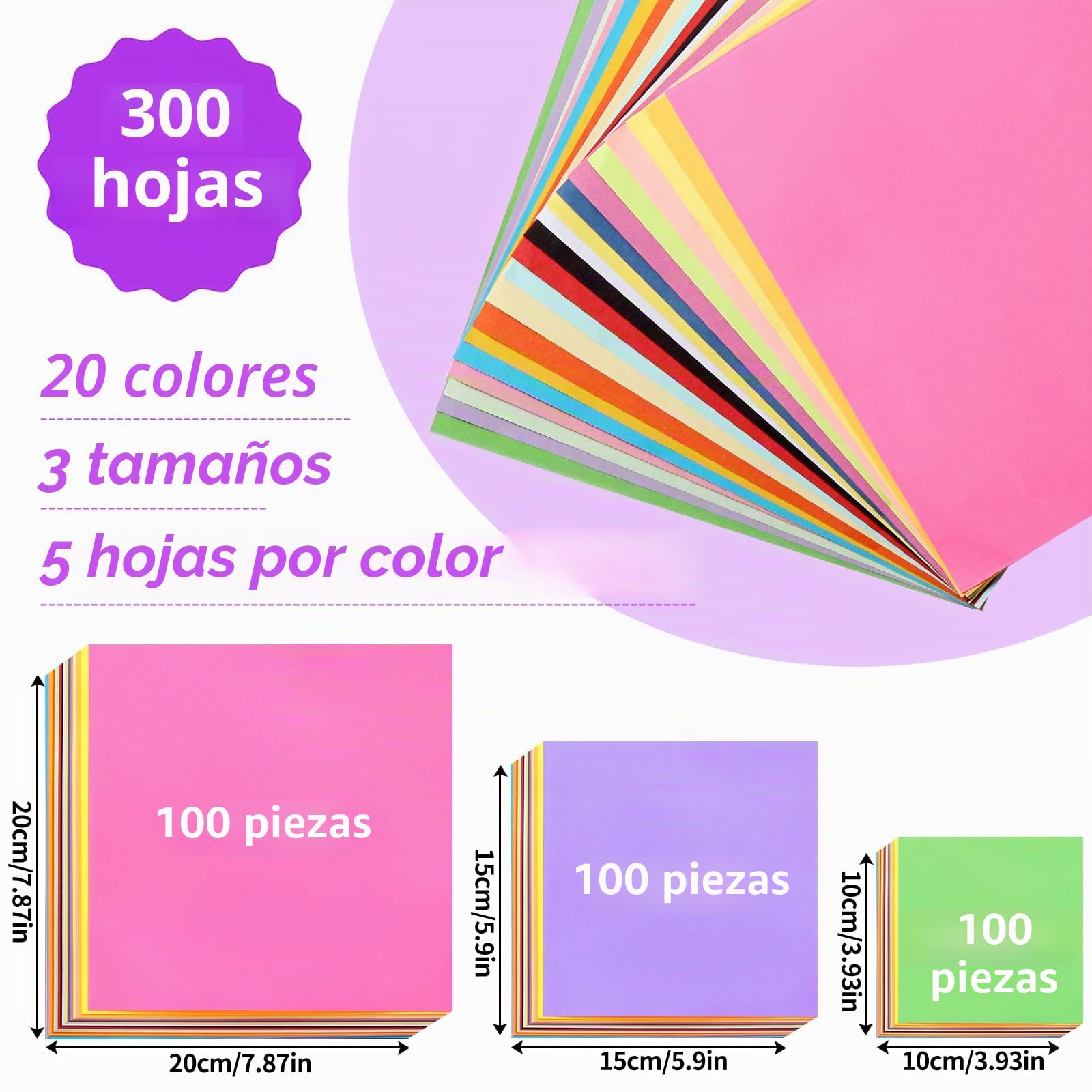 Papel Origami 300 hojas 20 Colores 20x20 cm Doble Cara para Manualidades