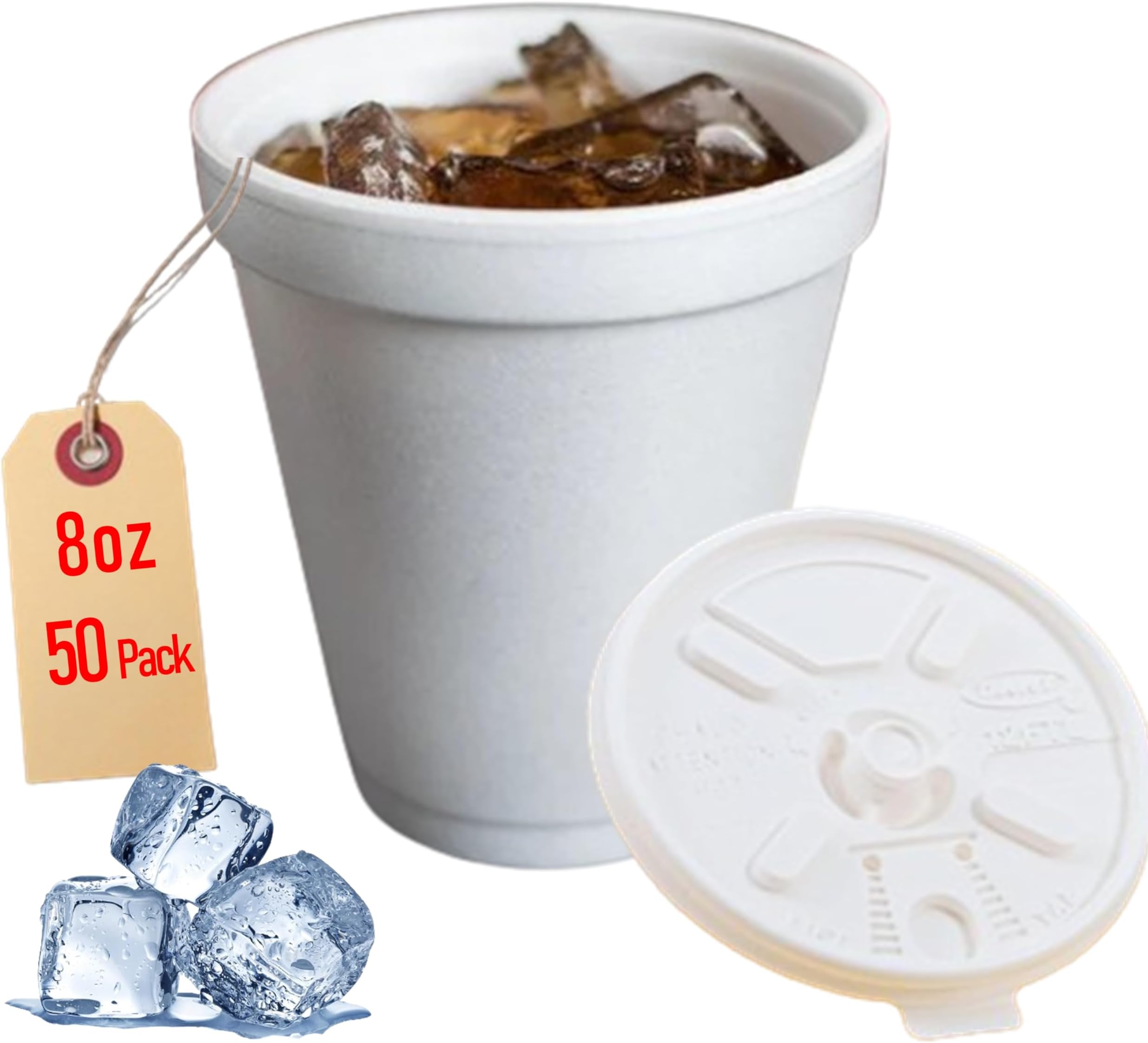 8OZ Foam Cups for Hot & Cold Drinks With Lids, USA-Made 50-Pack - Ideal Styrofoam Coffee Cups, Insulating To-Go Cups for Soda, Tea, Juice - Sturdy, Disposable & comparable to Industry standard 8J8